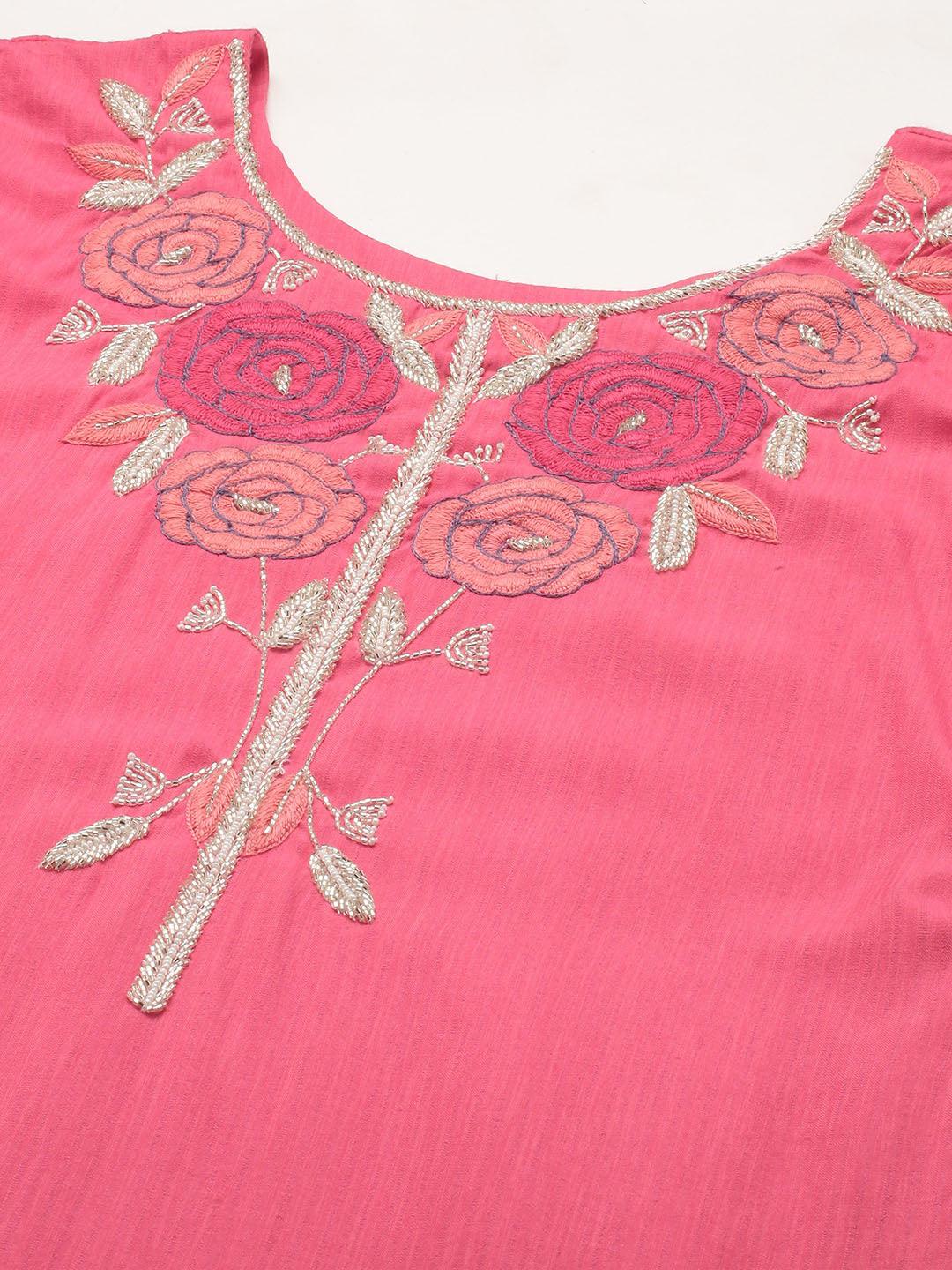 Floral Hand Embroidered Straight Fit Kurta - Pink - Indiakreations