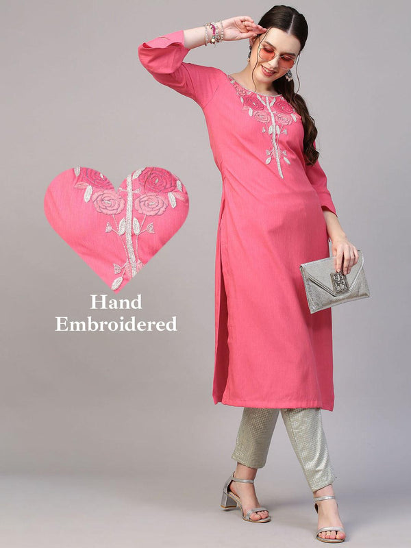 Floral Hand Embroidered Straight Fit Kurta - Pink - Indiakreations