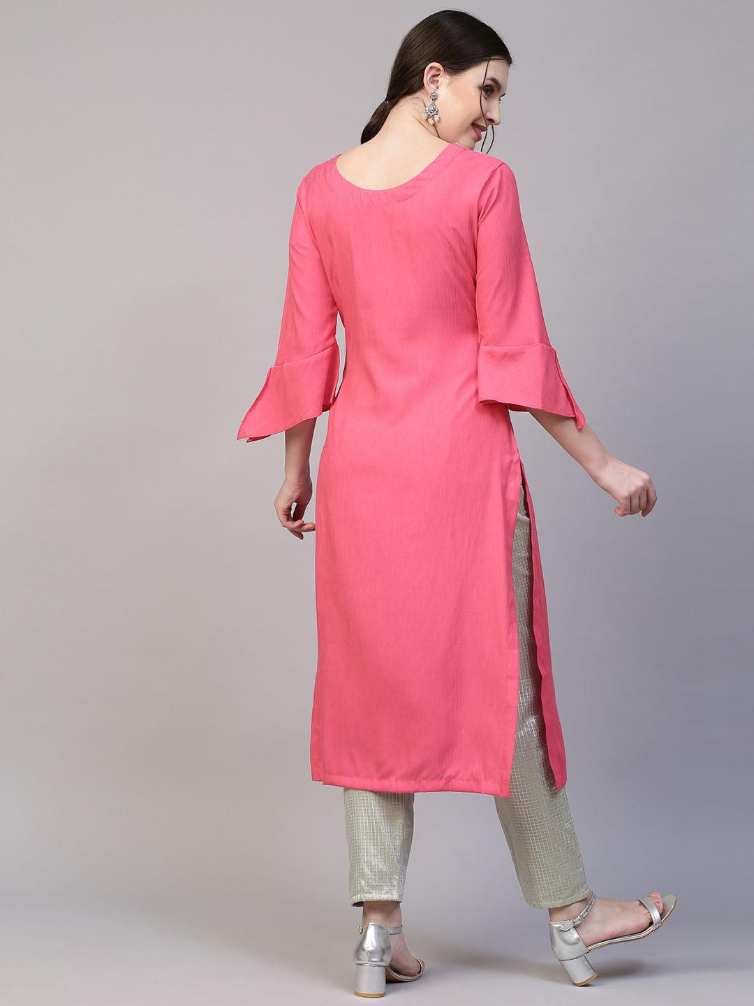 Floral Hand Embroidered Straight Fit Kurta - Pink - Indiakreations