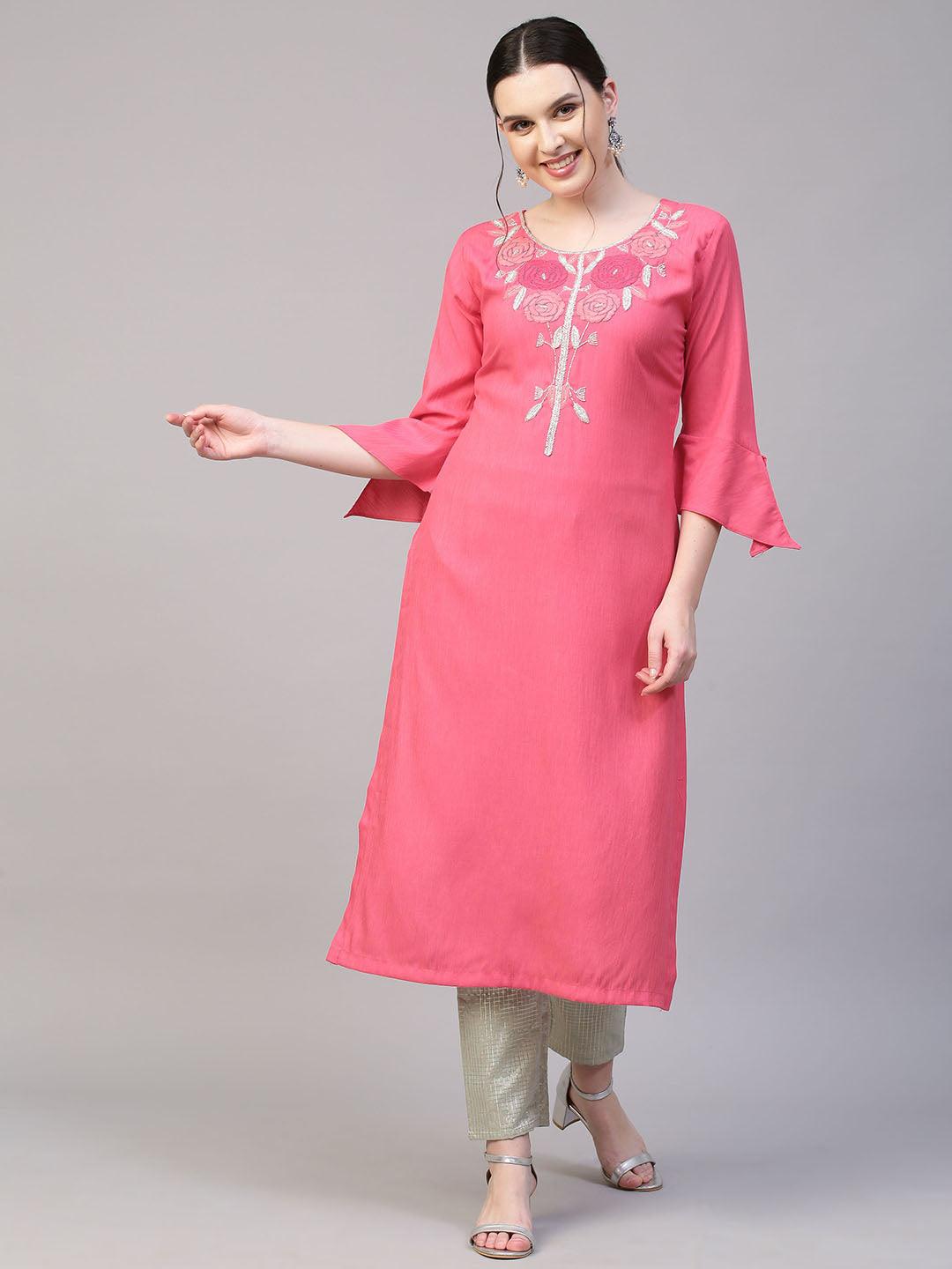 Floral Hand Embroidered Straight Fit Kurta - Pink - Indiakreations