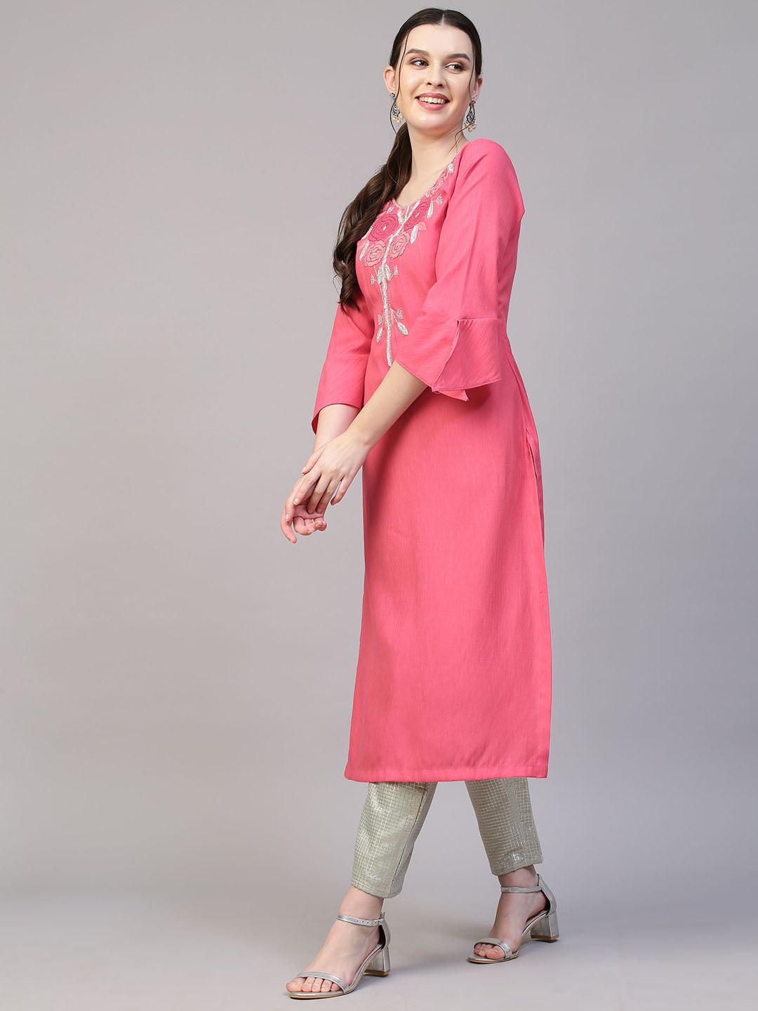 Floral Hand Embroidered Straight Fit Kurta - Pink - Indiakreations