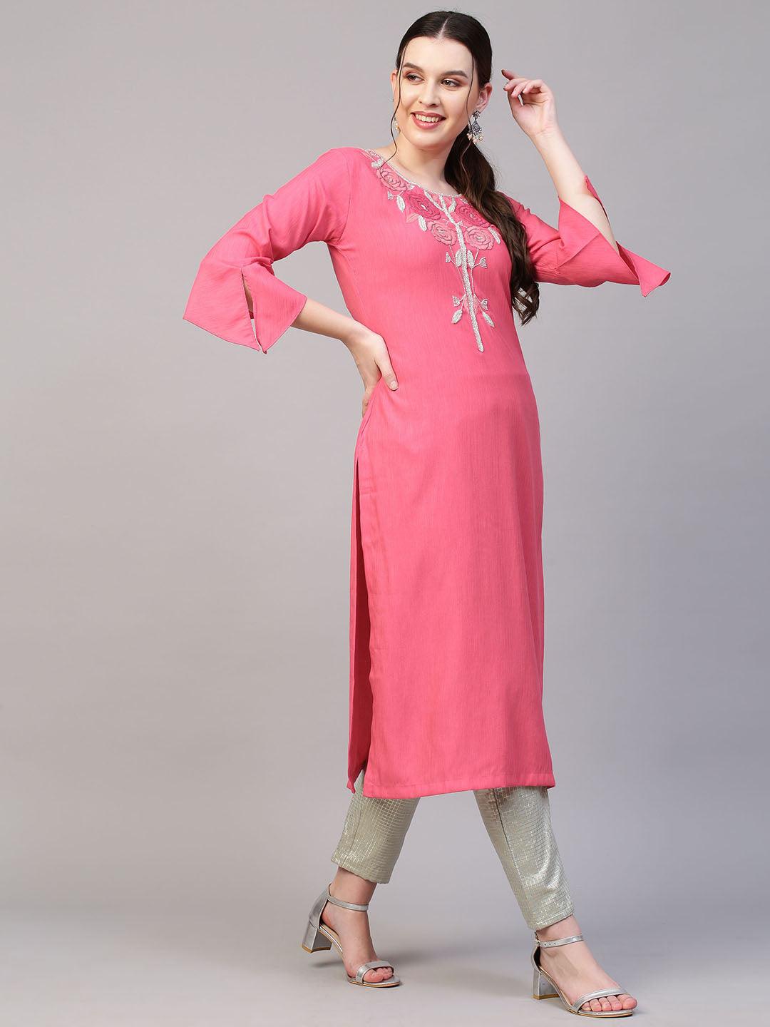 Floral Hand Embroidered Straight Fit Kurta - Pink - Indiakreations