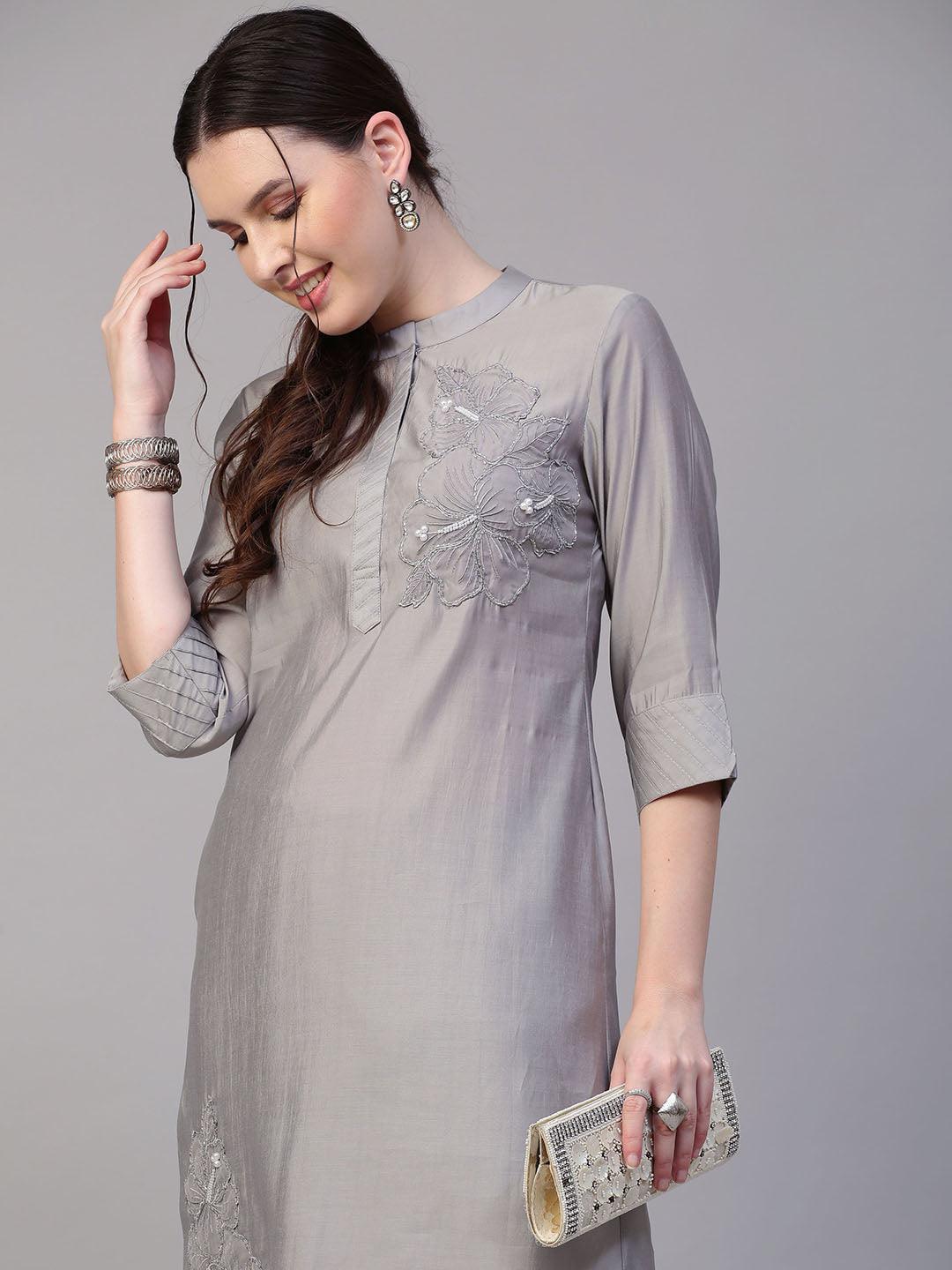 Floral Hand Embroidered Co-ords - Silver Gray - Indiakreations