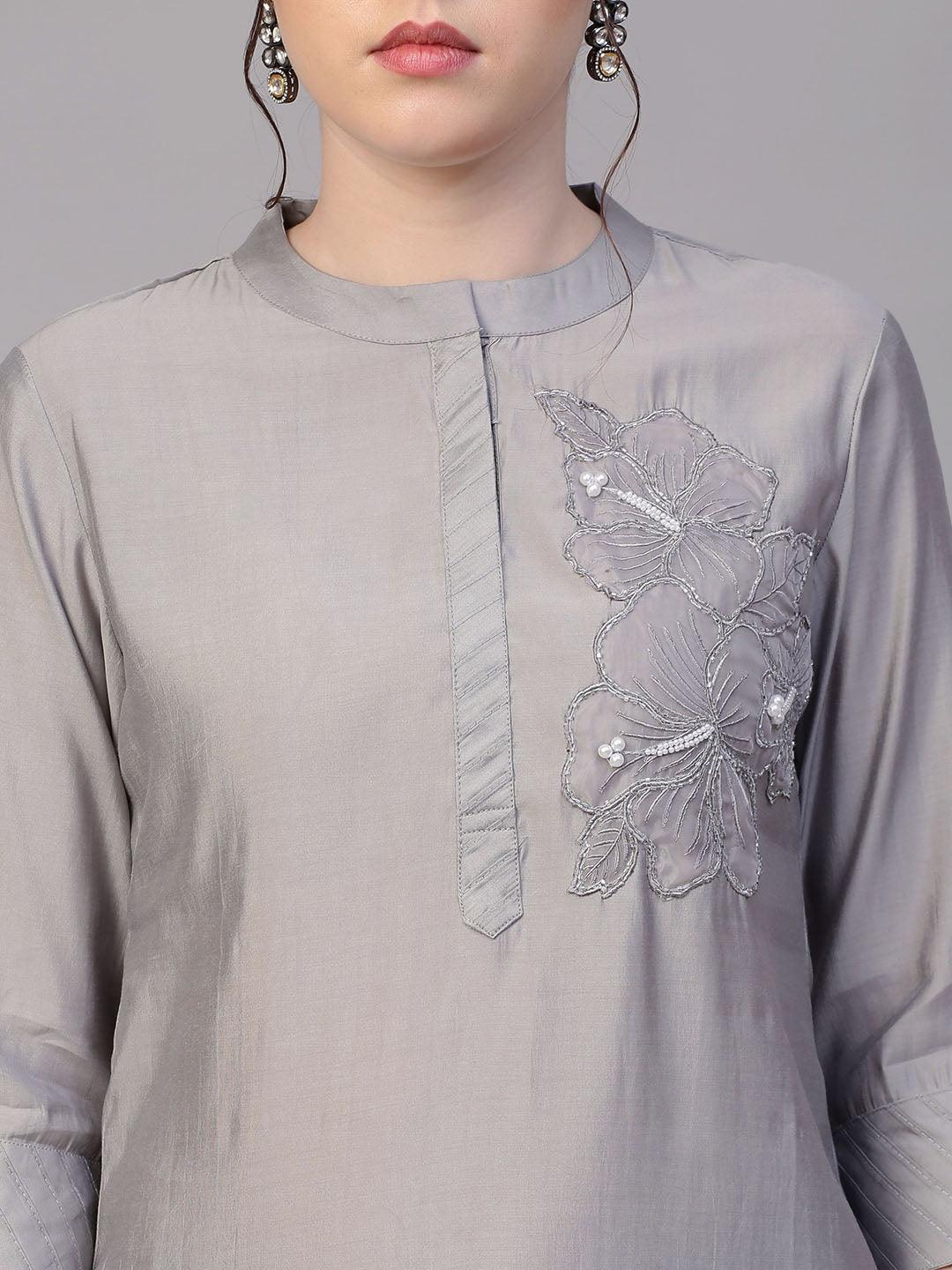 Floral Hand Embroidered Co-ords - Silver Gray - Indiakreations