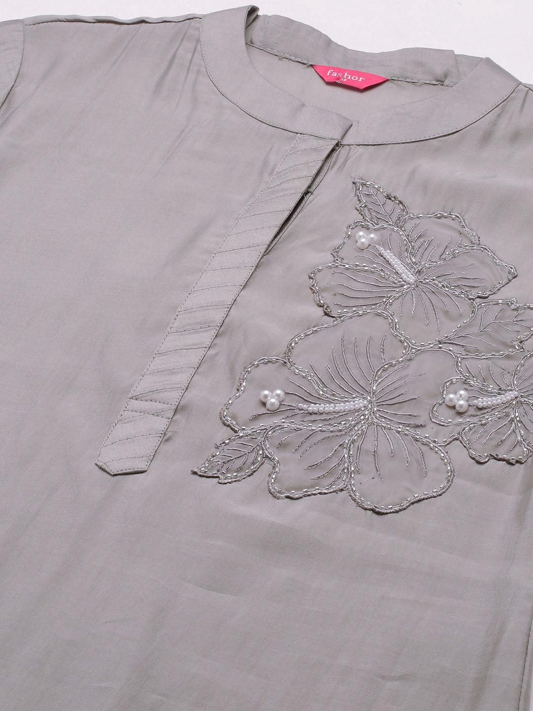 Floral Hand Embroidered Co-ords - Silver Gray - Indiakreations