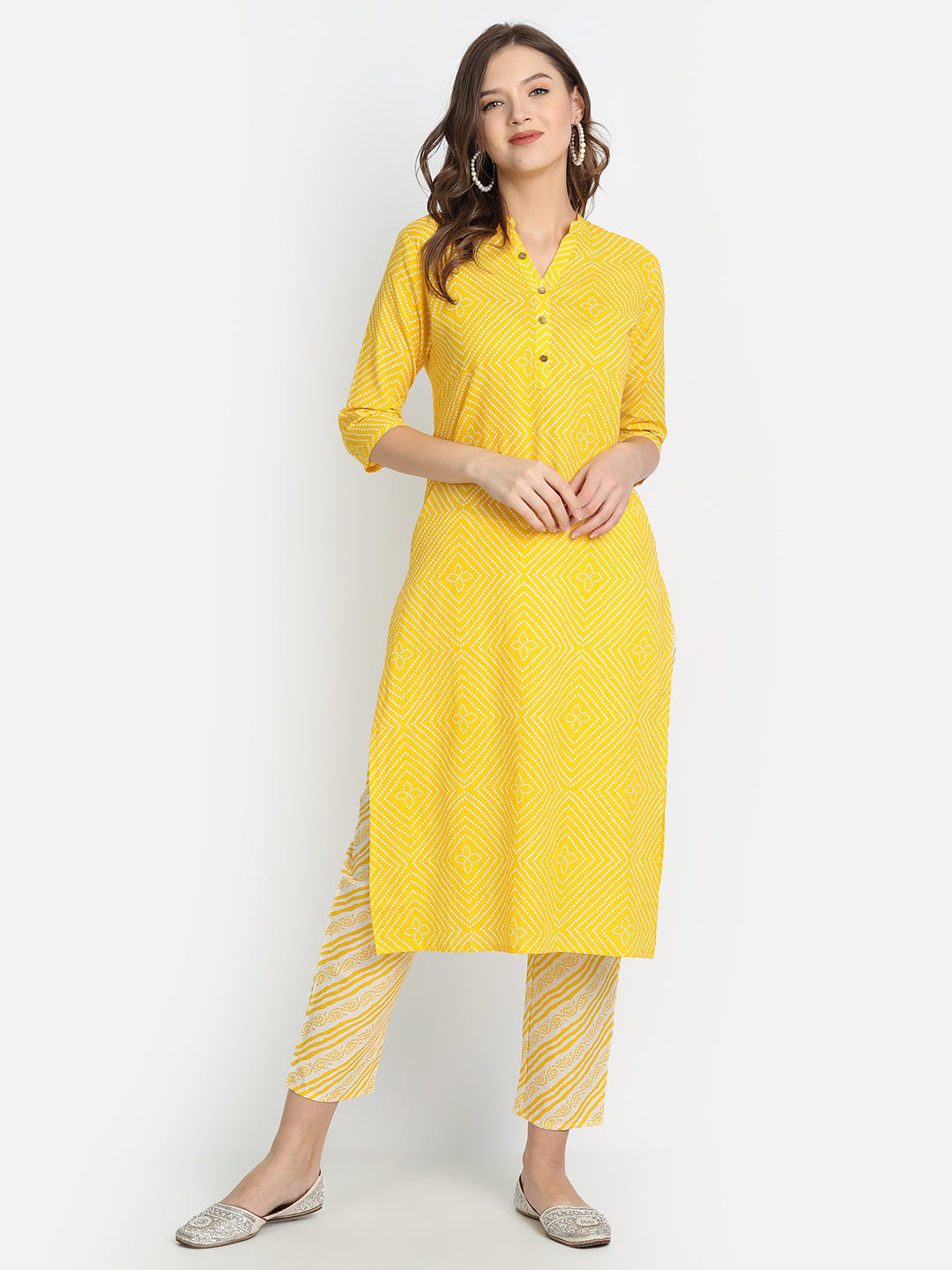 Women's Yellow Ethnic Motifs Pure Cotton Kurta With Trousers - Anubhutee