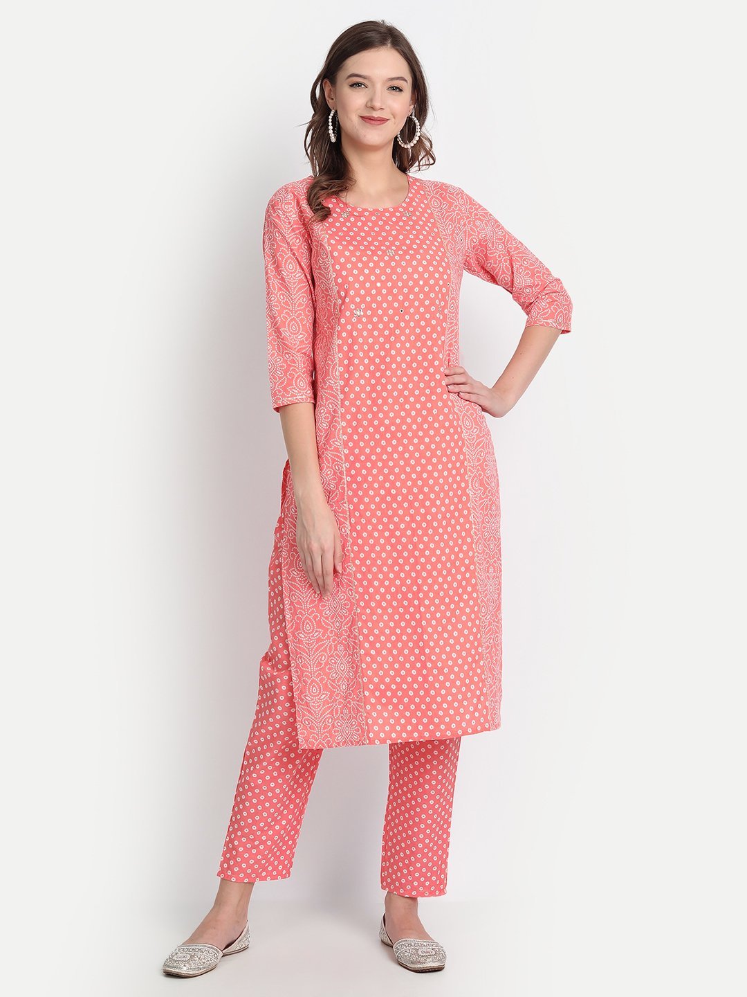 Women Pink  Bandhej Print Panelled Cotton Kurta with Trousers by Anubhutee (Set of 2)