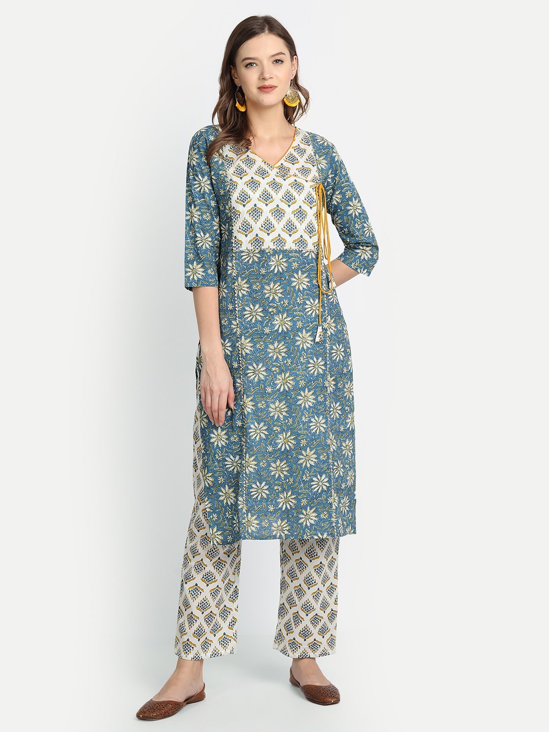 Women Blue Printed Angrakha Cotton Kurta with Trousers by Anubhutee (Set of 2)