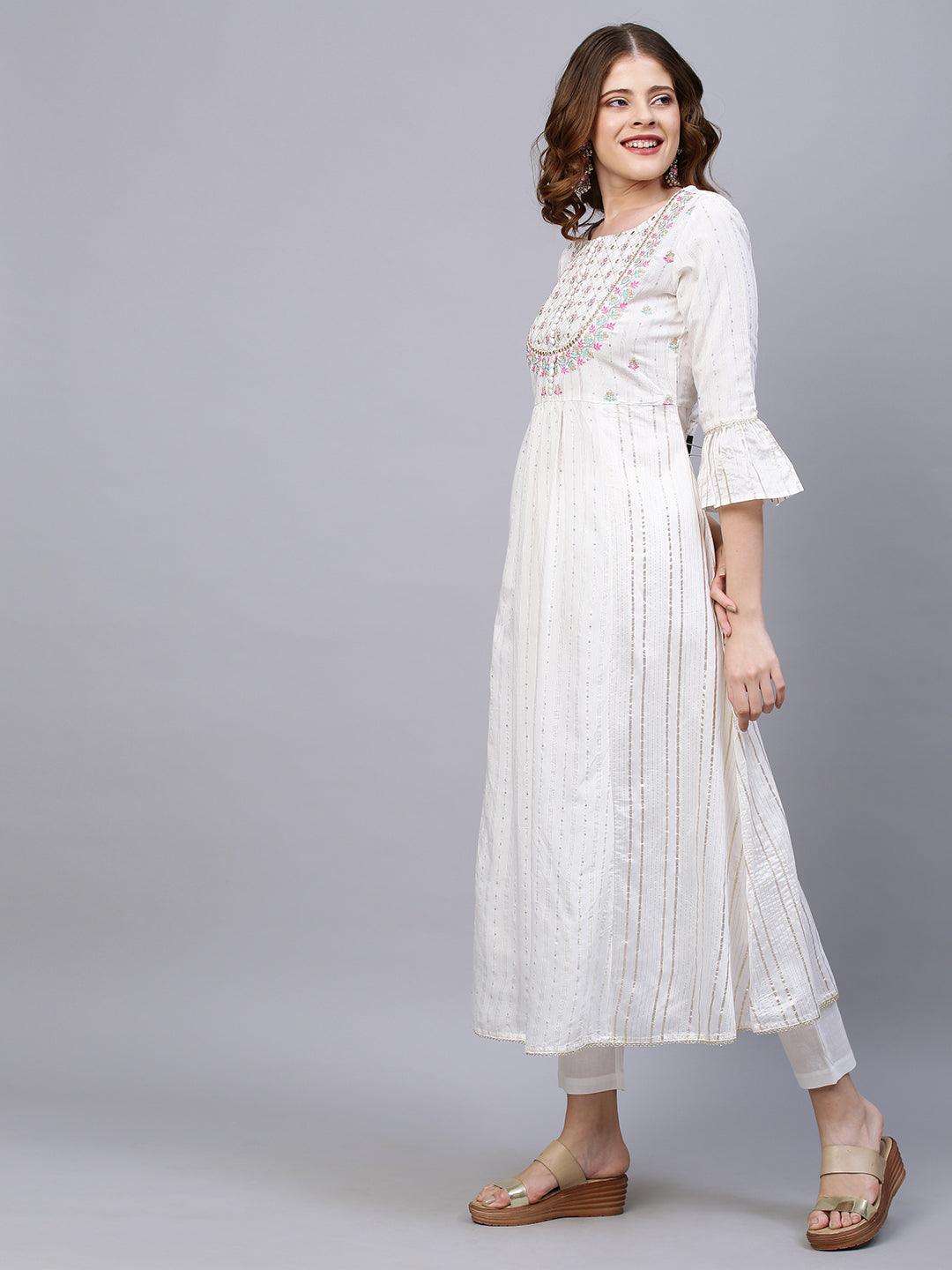 Ethnic Embroidered A-Line Flared Kurta with Pants and Dupatta - White - Indiakreations