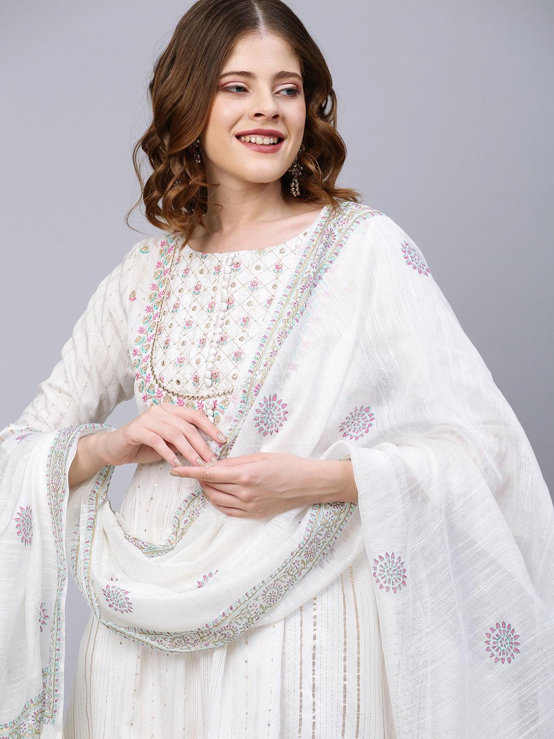 Ethnic Embroidered A-Line Flared Kurta with Pants and Dupatta - White - Indiakreations