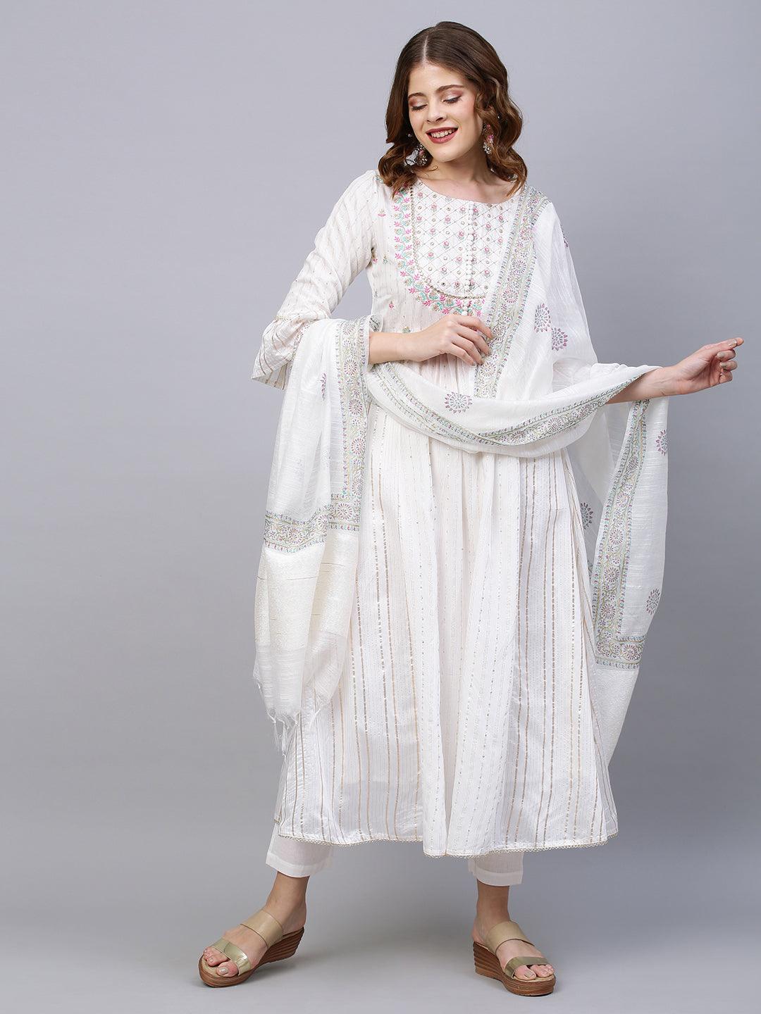 Ethnic Embroidered A-Line Flared Kurta with Pants and Dupatta - White - Indiakreations