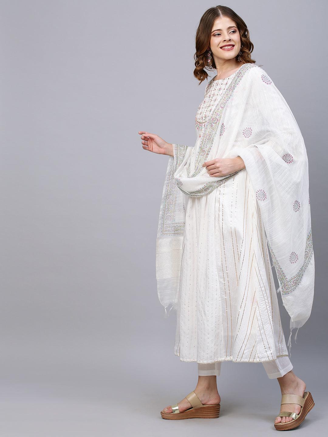 Ethnic Embroidered A-Line Flared Kurta with Pants and Dupatta - White - Indiakreations