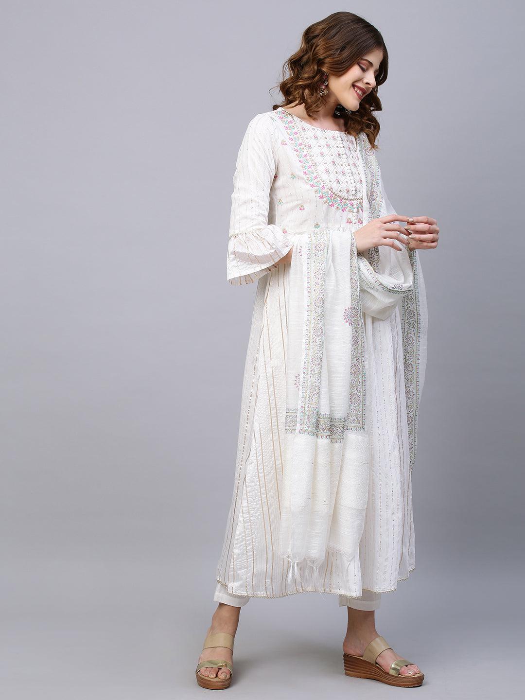 Ethnic Embroidered A-Line Flared Kurta with Pants and Dupatta - White - Indiakreations