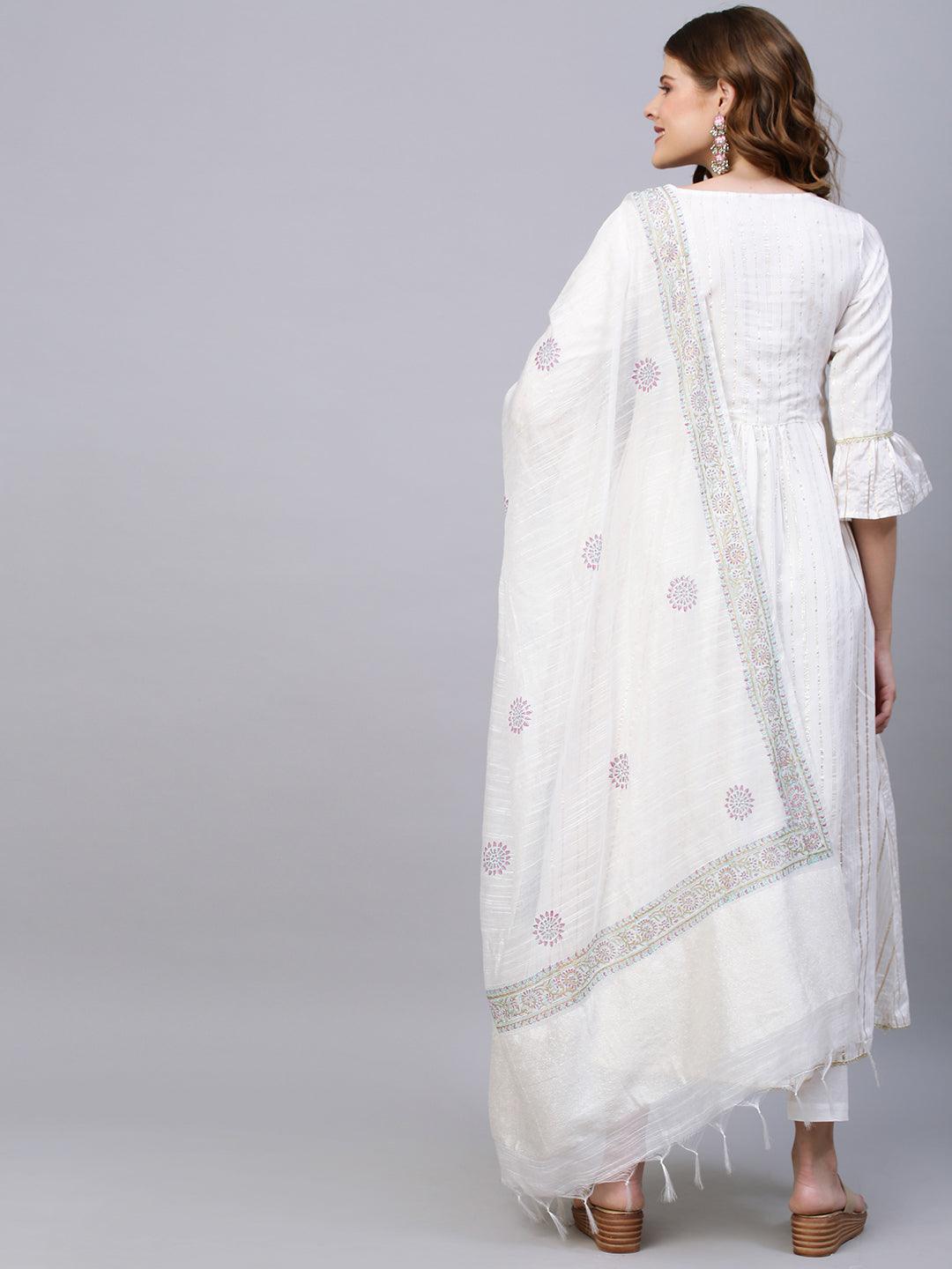 Ethnic Embroidered A-Line Flared Kurta with Pants and Dupatta - White - Indiakreations