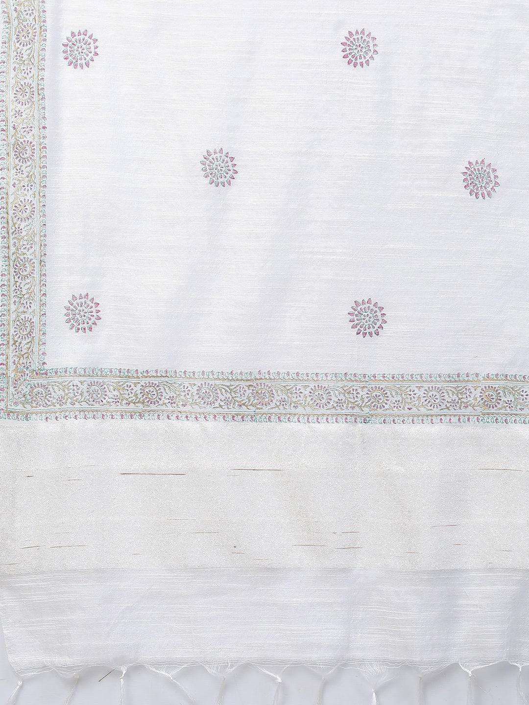 Ethnic Embroidered A-Line Flared Kurta with Pants and Dupatta - White - Indiakreations