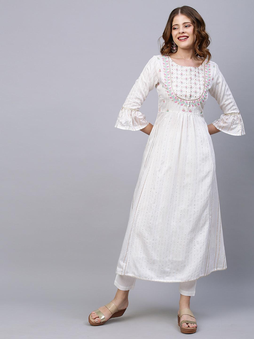 Ethnic Embroidered A-Line Flared Kurta with Pants and Dupatta - White - Indiakreations