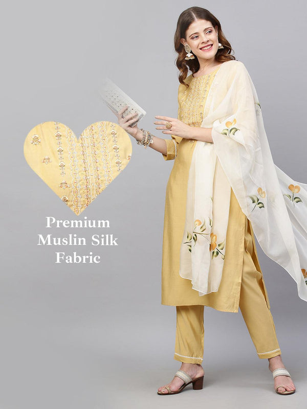 Floral Embroidered Kurta with Pants & Hand Painted Dupatta - Pastel Yellow - Indiakreations