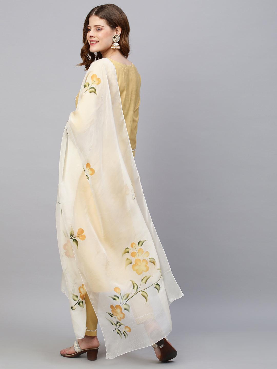 Floral Embroidered Kurta with Pants & Hand Painted Dupatta - Pastel Yellow - Indiakreations