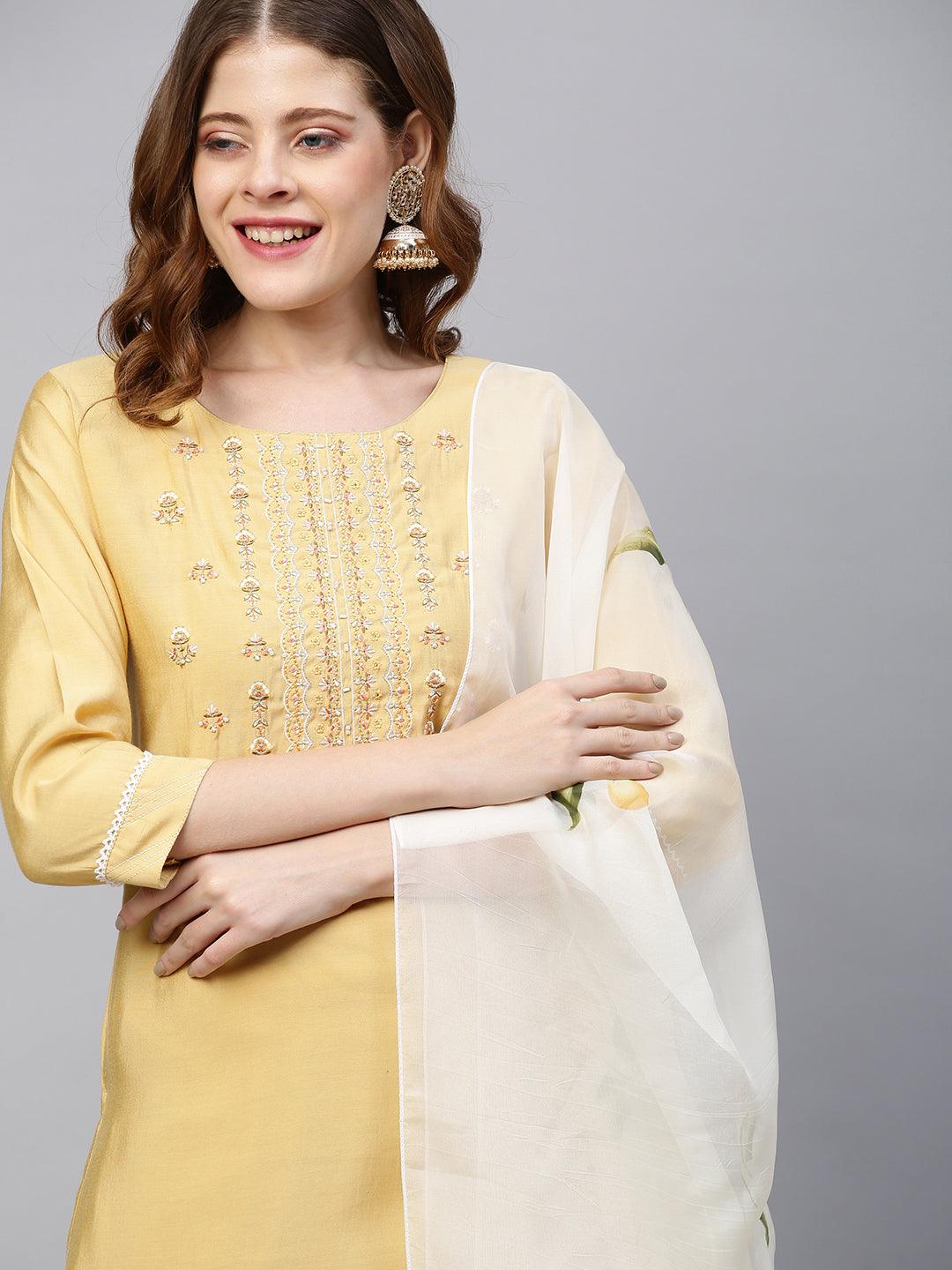 Floral Embroidered Kurta with Pants & Hand Painted Dupatta - Pastel Yellow - Indiakreations