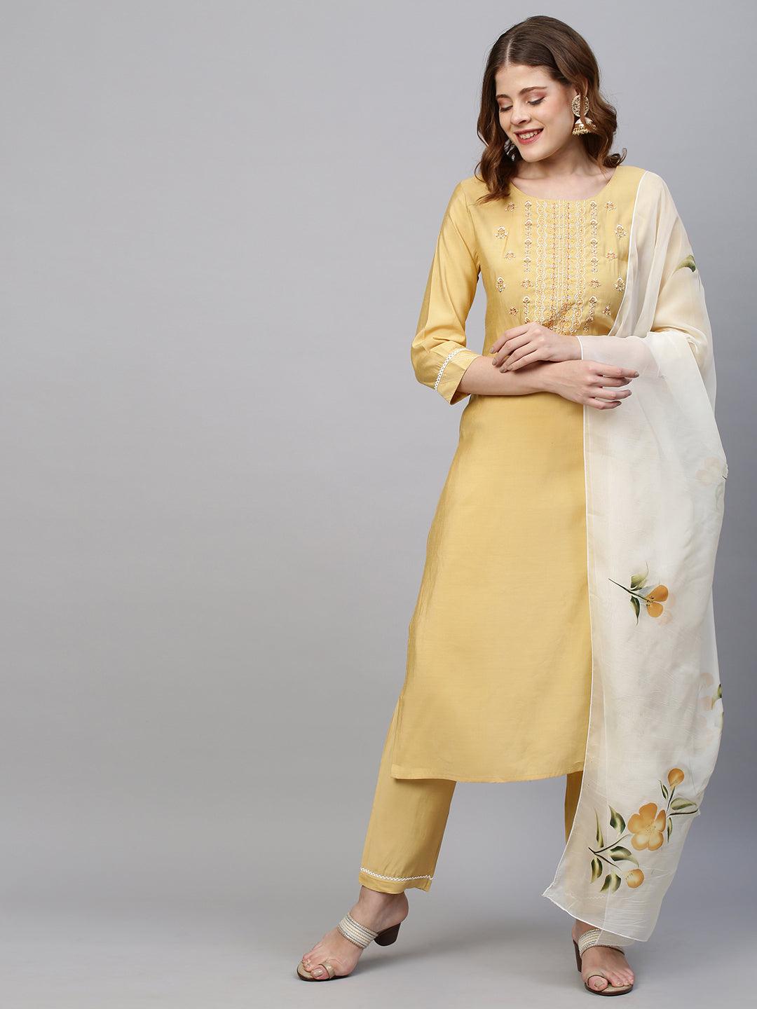 Floral Embroidered Kurta with Pants & Hand Painted Dupatta - Pastel Yellow - Indiakreations