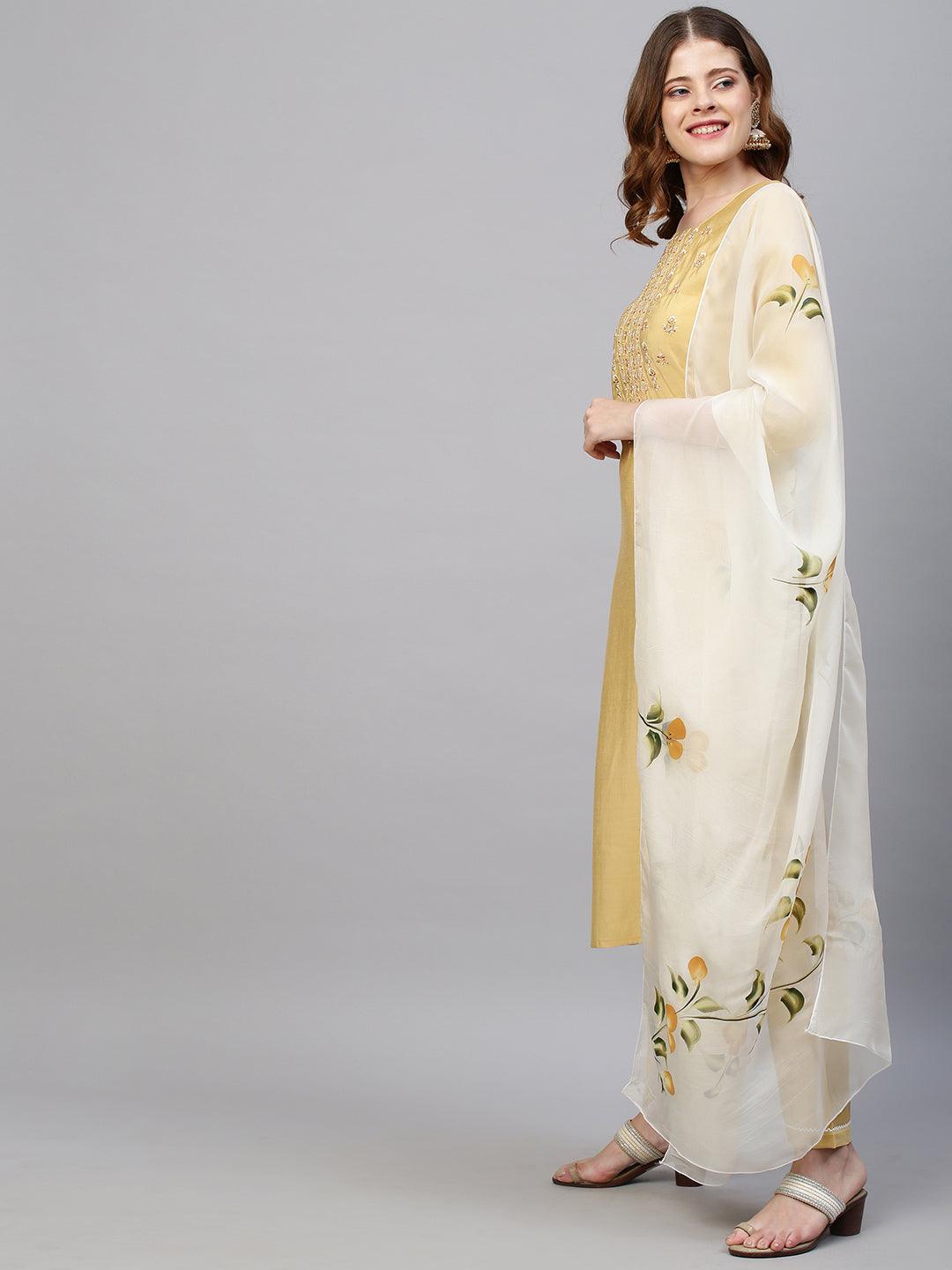 Floral Embroidered Kurta with Pants & Hand Painted Dupatta - Pastel Yellow - Indiakreations