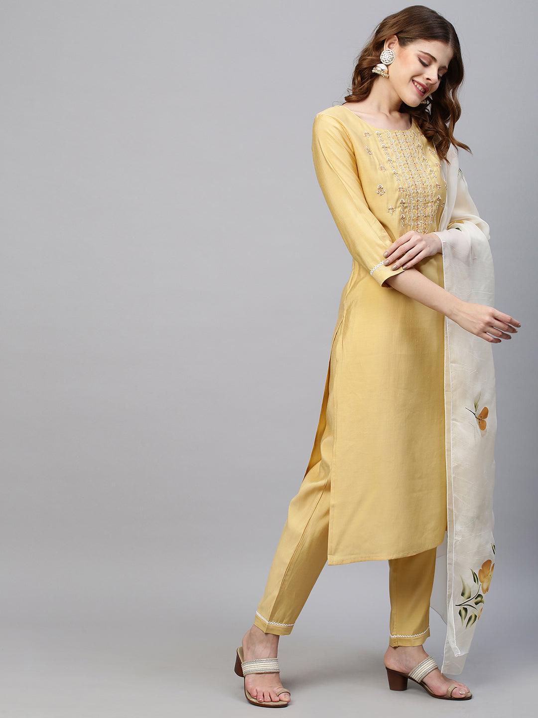 Floral Embroidered Kurta with Pants & Hand Painted Dupatta - Pastel Yellow - Indiakreations