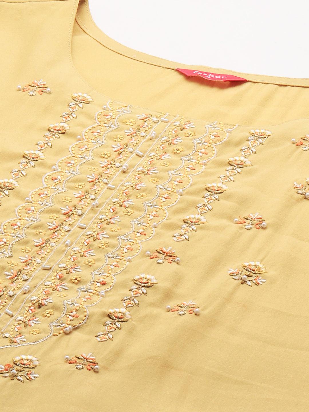 Floral Embroidered Kurta with Pants & Hand Painted Dupatta - Pastel Yellow - Indiakreations