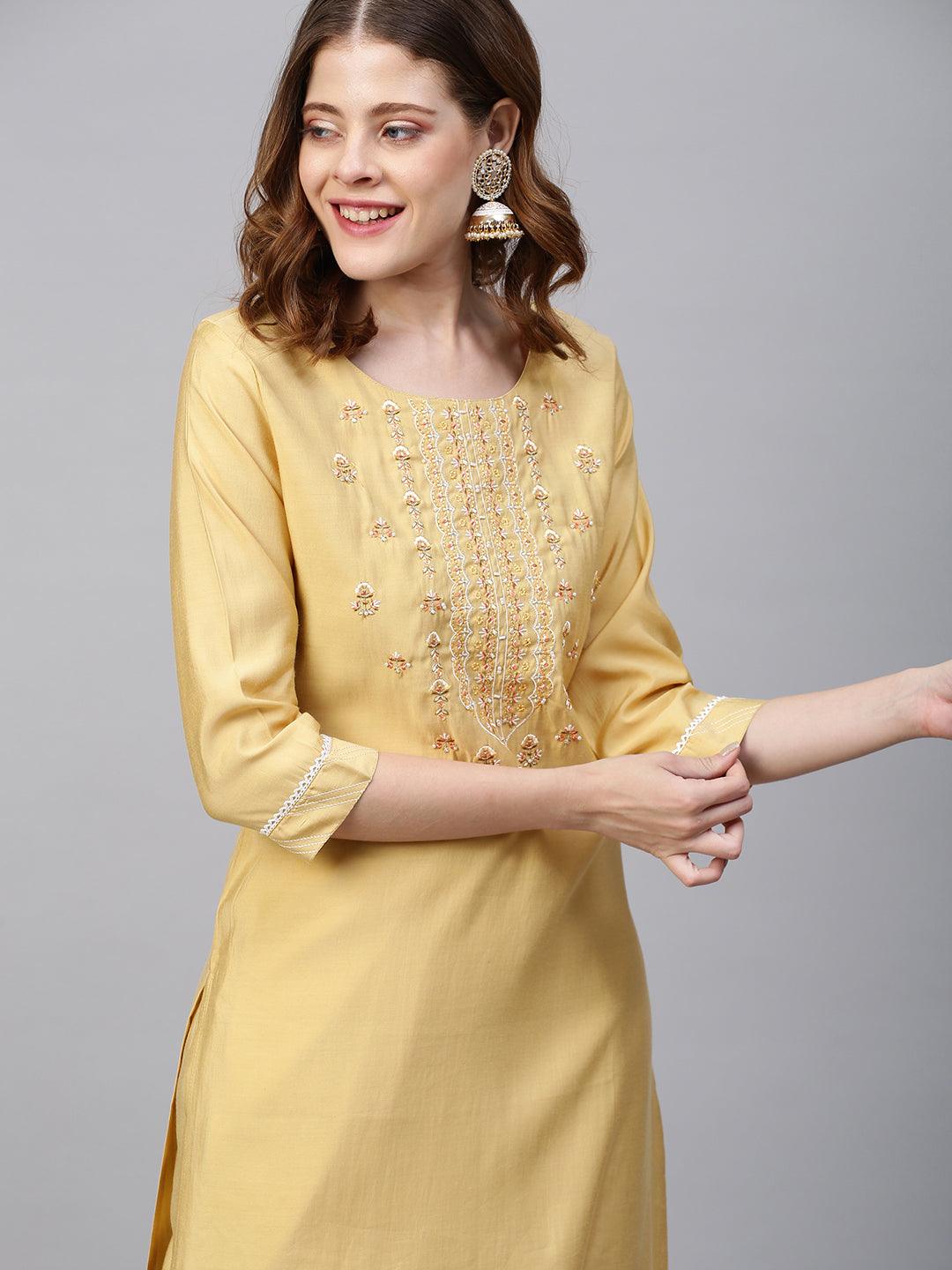 Floral Embroidered Kurta with Pants & Hand Painted Dupatta - Pastel Yellow - Indiakreations