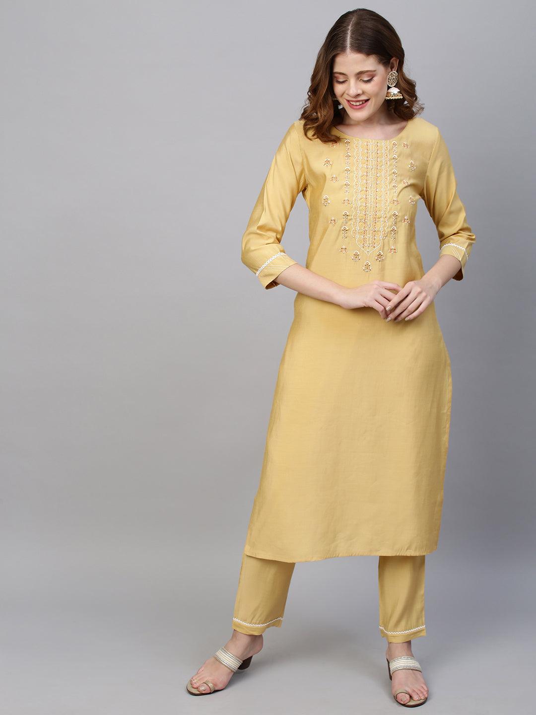 Floral Embroidered Kurta with Pants & Hand Painted Dupatta - Pastel Yellow - Indiakreations