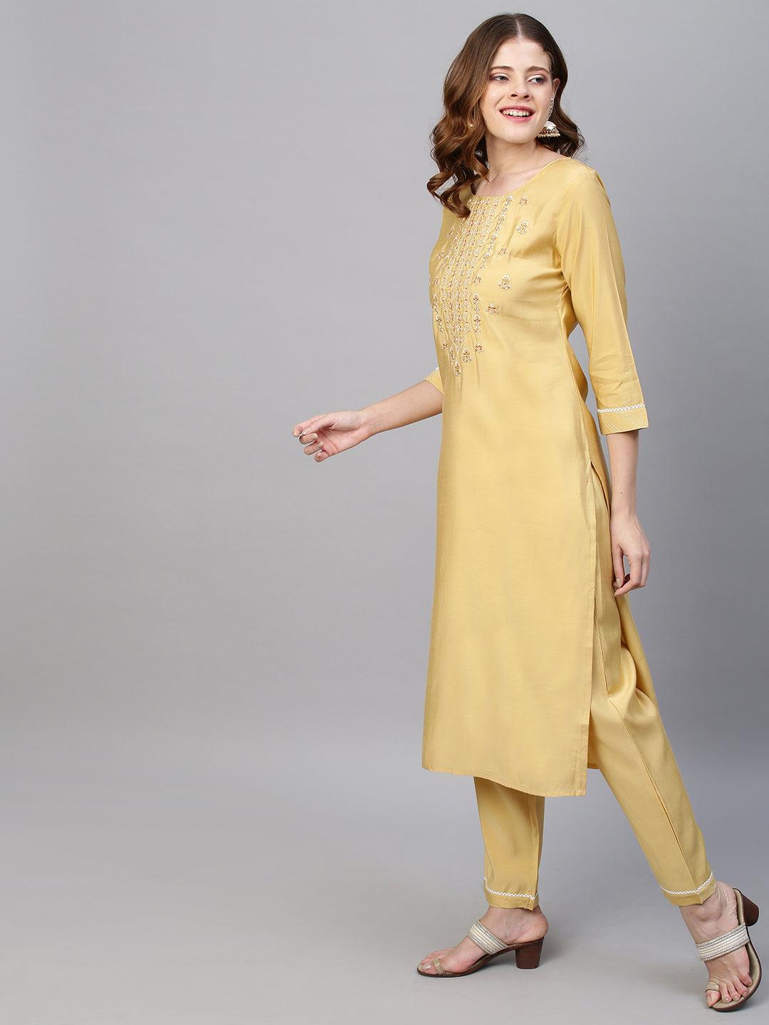 Floral Embroidered Kurta with Pants & Hand Painted Dupatta - Pastel Yellow - Indiakreations