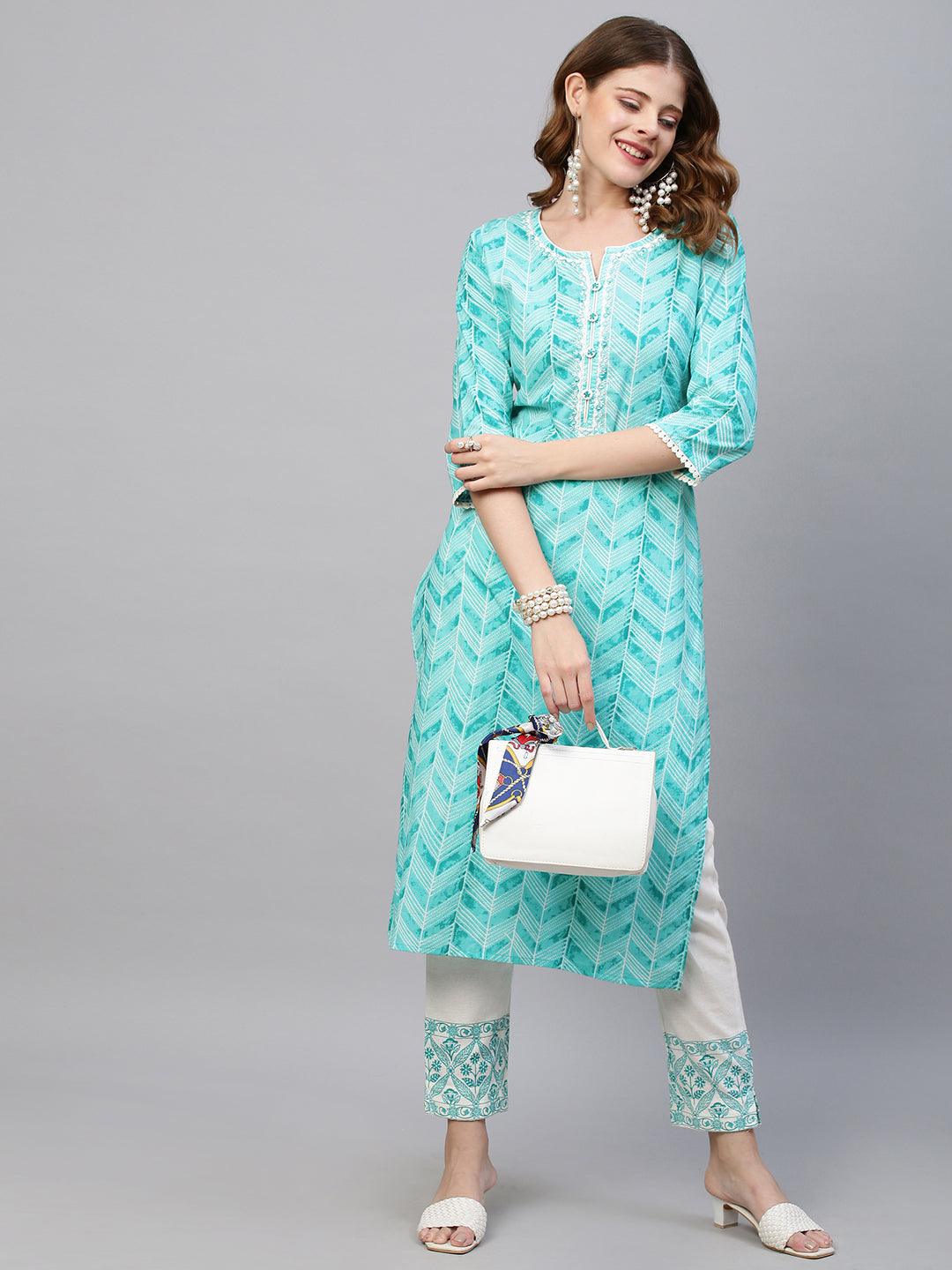 Ethnic Stripes Printed Straight Kurta with Pants - Turquoise - Indiakreations