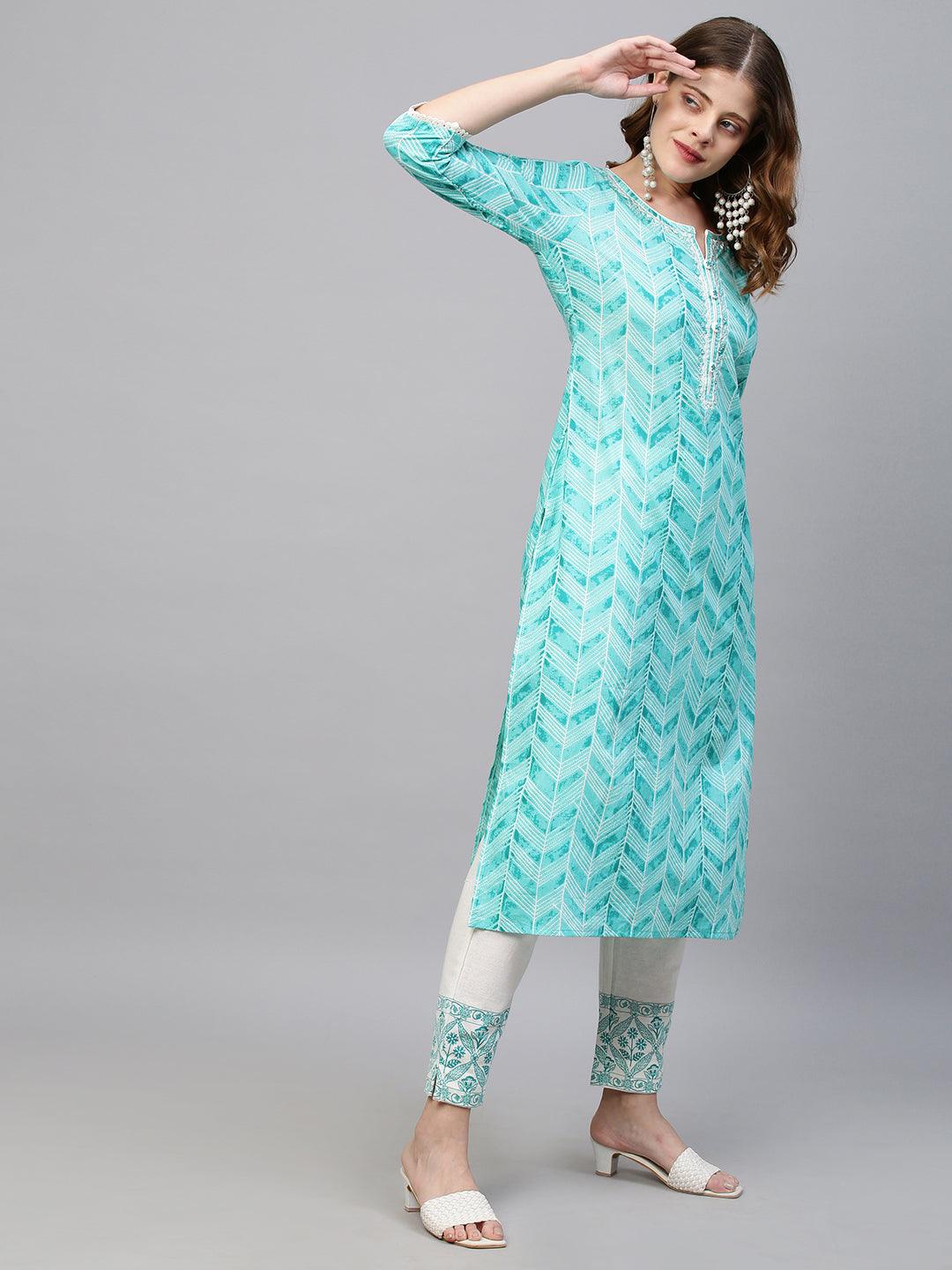 Ethnic Stripes Printed Straight Kurta with Pants - Turquoise - Indiakreations