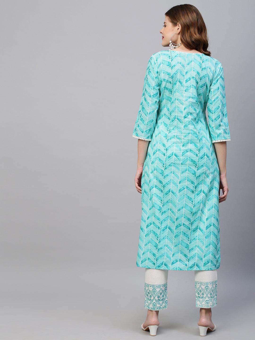 Ethnic Stripes Printed Straight Kurta with Pants - Turquoise - Indiakreations