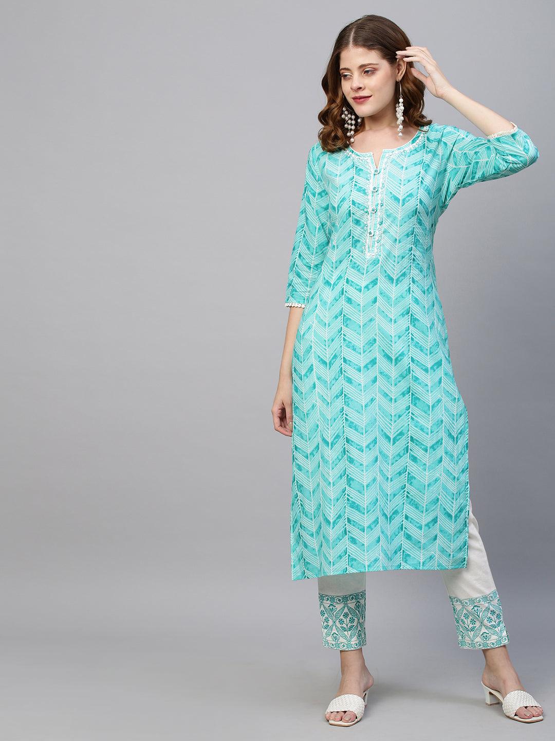 Ethnic Stripes Printed Straight Kurta with Pants - Turquoise - Indiakreations