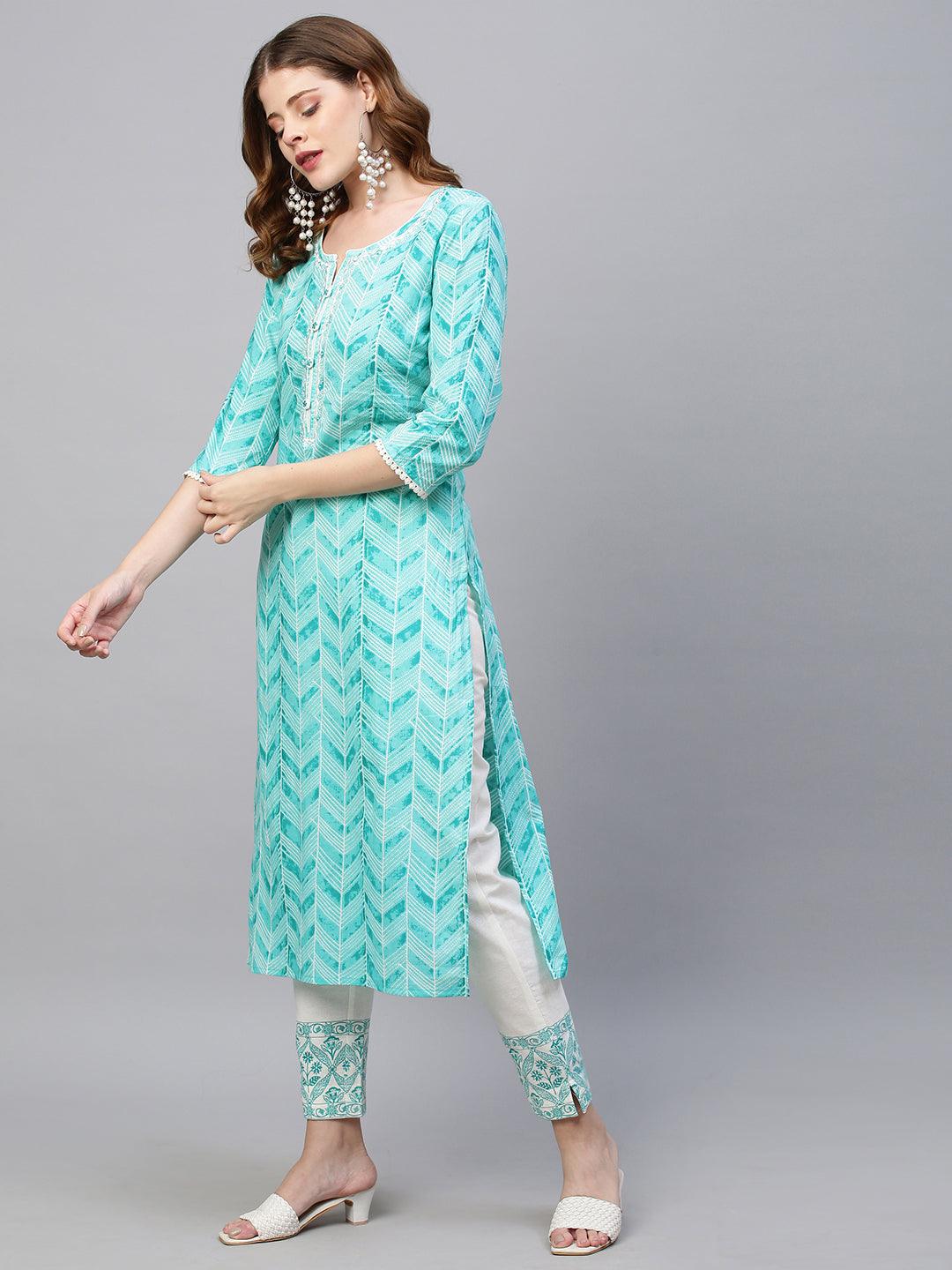 Ethnic Stripes Printed Straight Kurta with Pants - Turquoise - Indiakreations