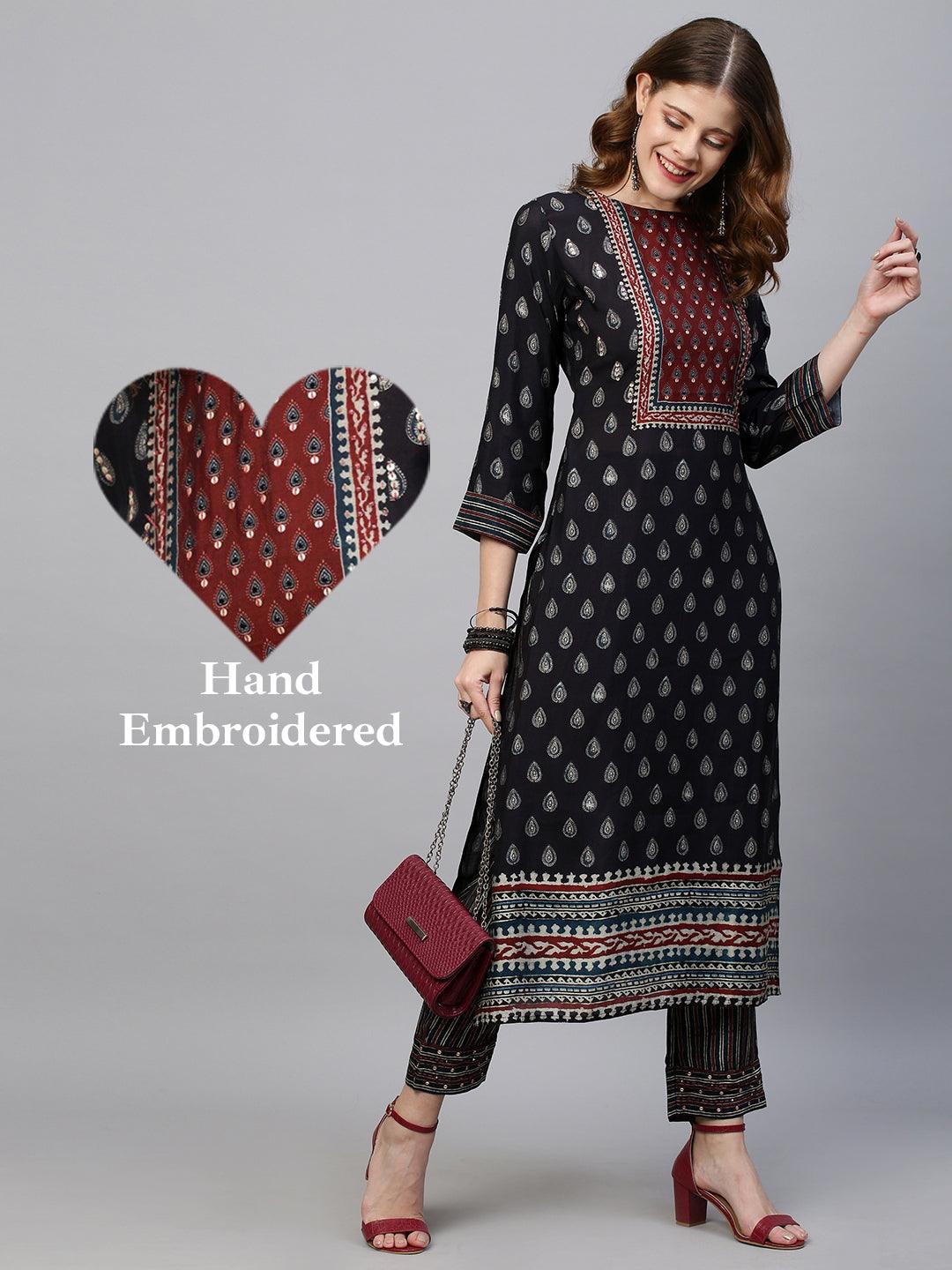 Ethnic Printed & Hand Embroidered Straight Kurta with Pants - Black - Indiakreations