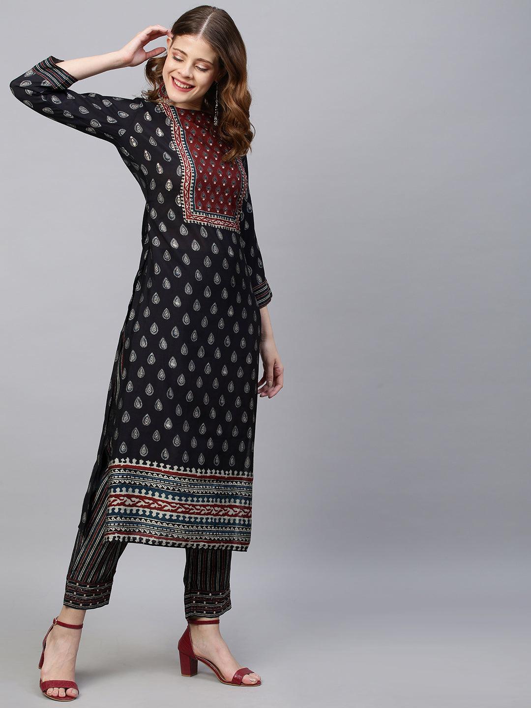 Ethnic Printed & Hand Embroidered Straight Kurta with Pants - Black - Indiakreations