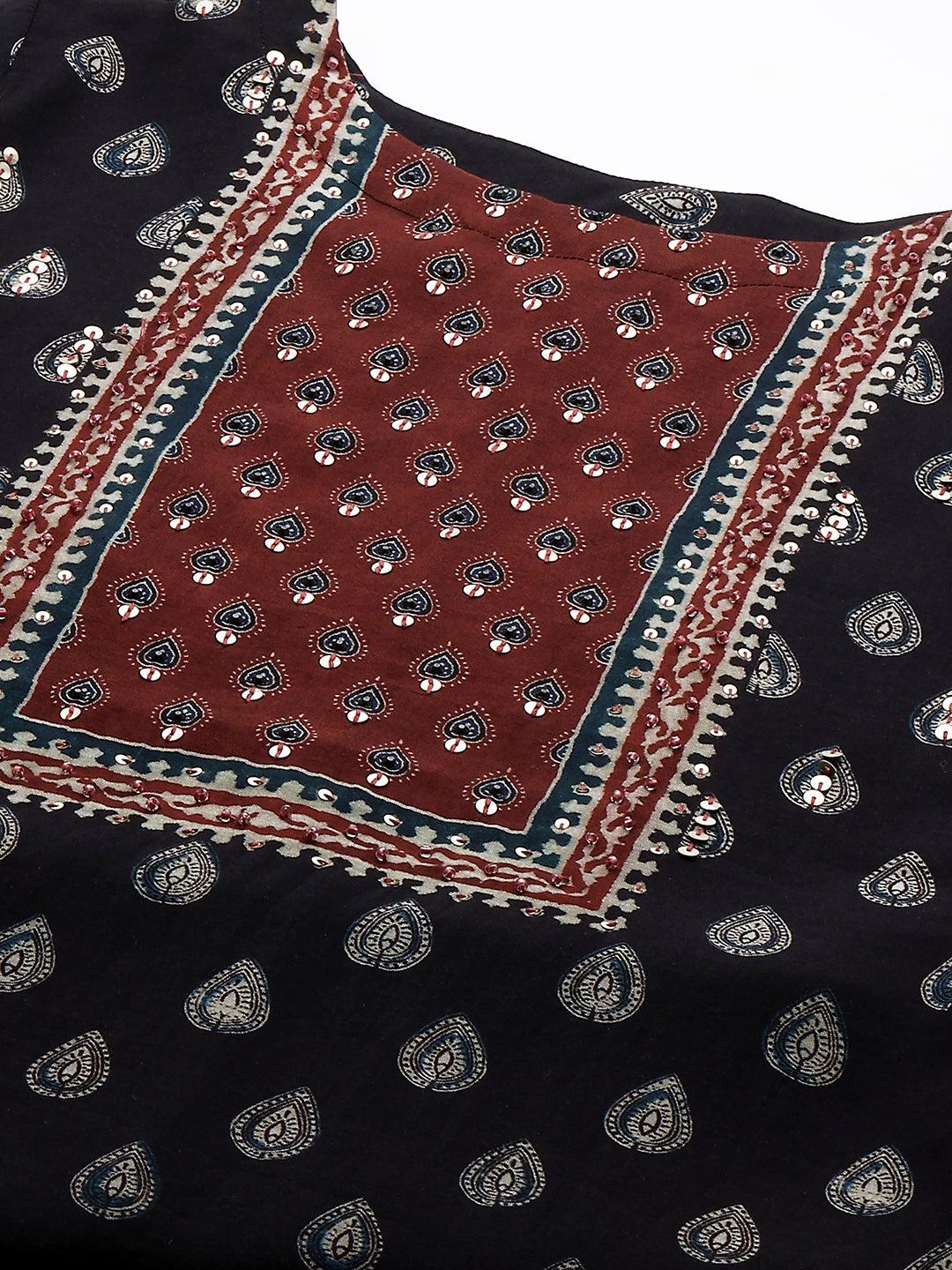 Ethnic Printed & Hand Embroidered Straight Kurta with Pants - Black - Indiakreations