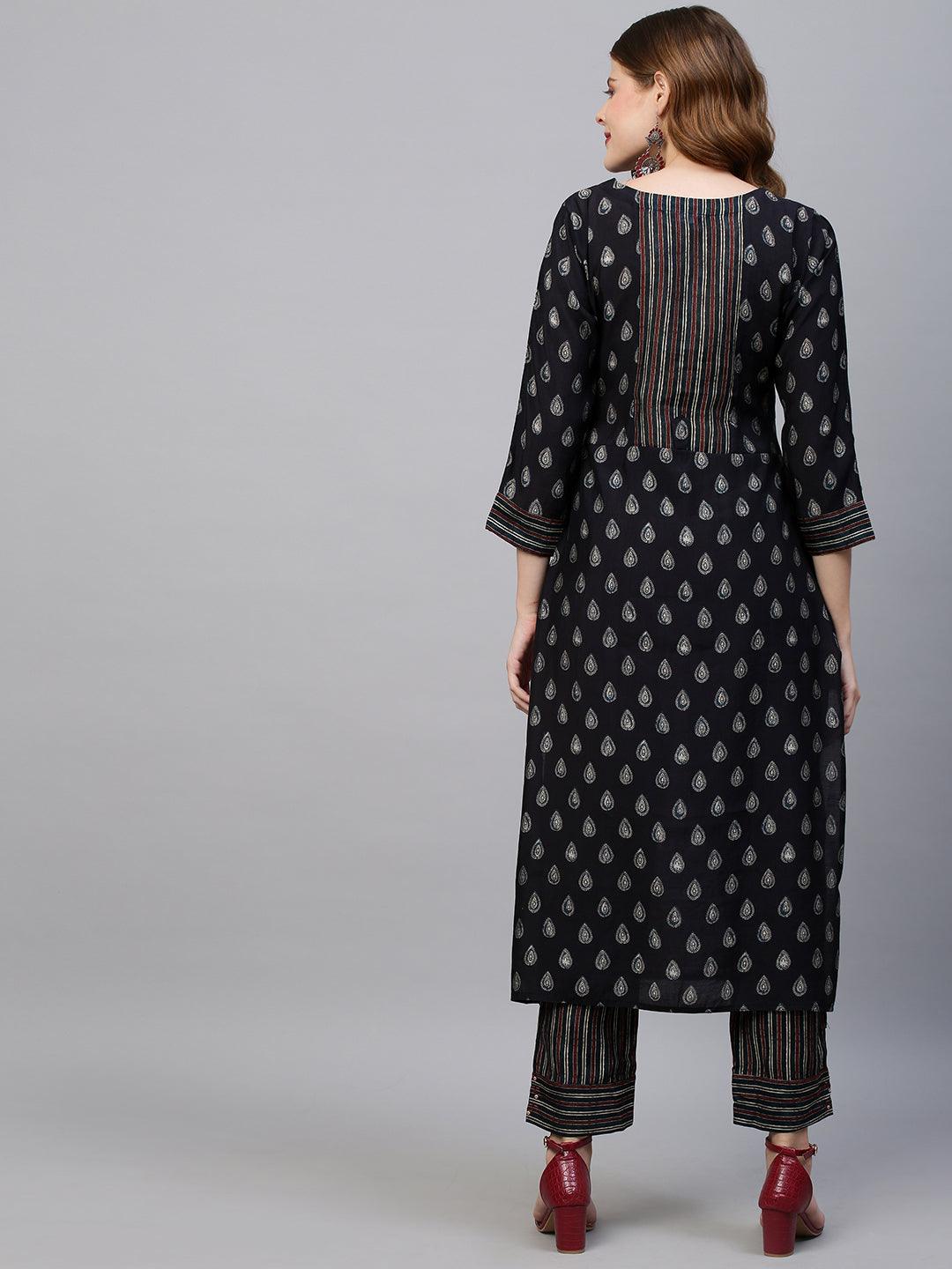 Ethnic Printed & Hand Embroidered Straight Kurta with Pants - Black - Indiakreations