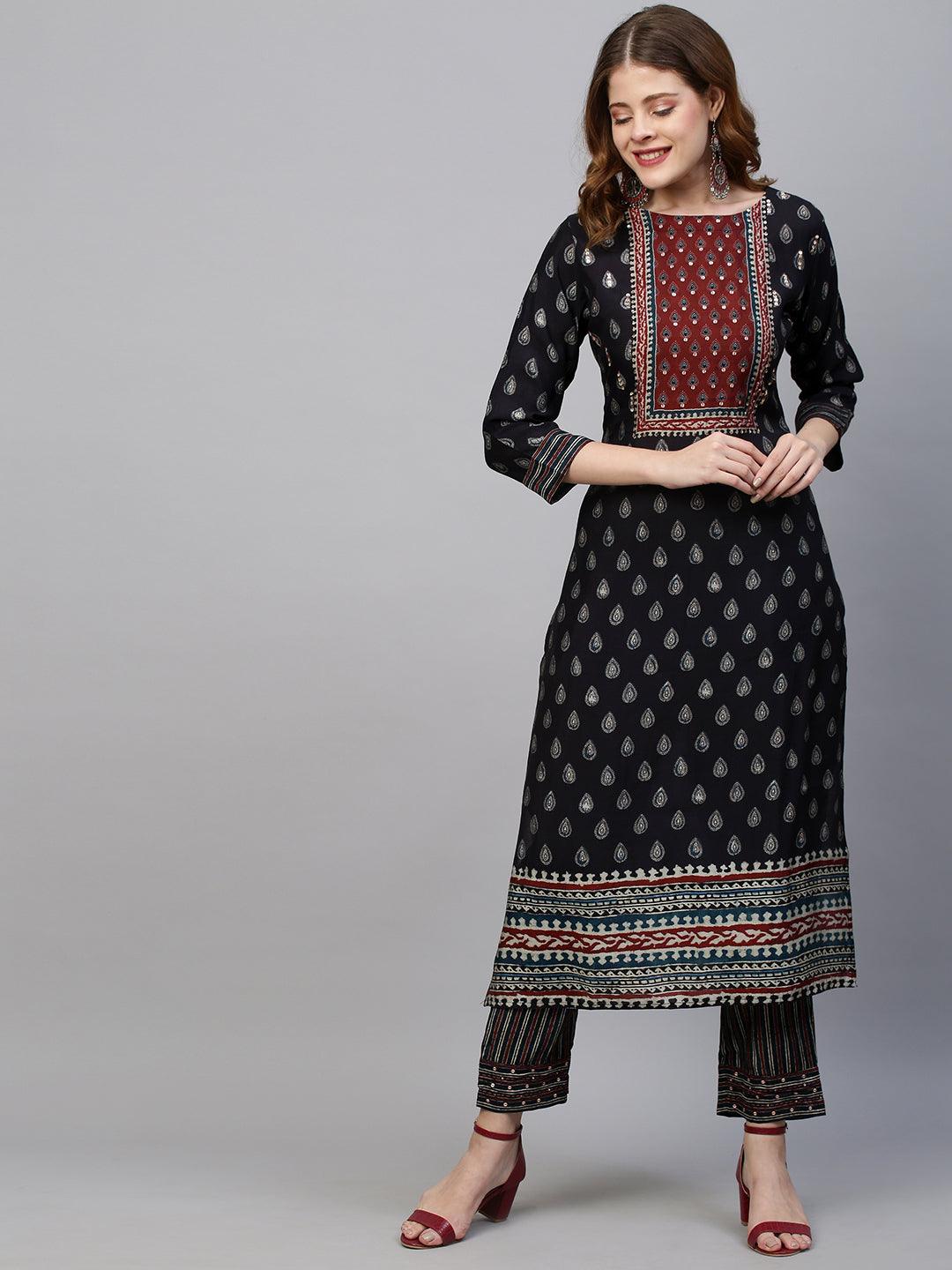 Ethnic Printed & Hand Embroidered Straight Kurta with Pants - Black - Indiakreations