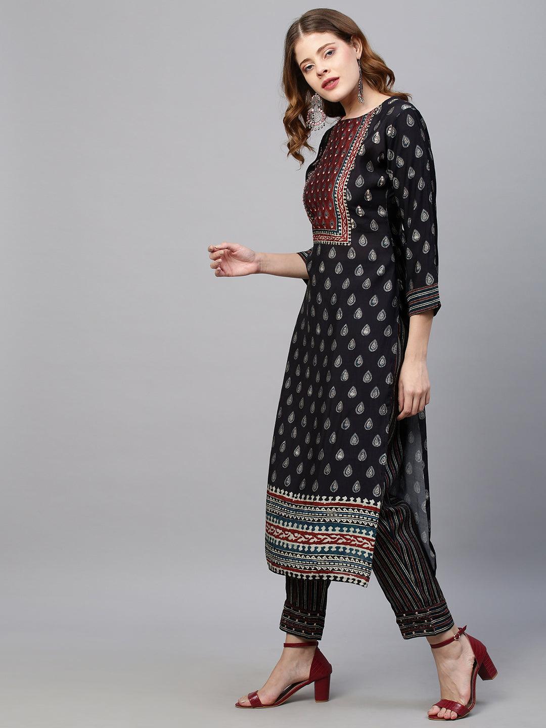 Ethnic Printed & Hand Embroidered Straight Kurta with Pants - Black - Indiakreations