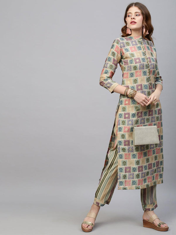 Ethnic Printed Straight Fit Kurta with Pants - Multi - Indiakreations