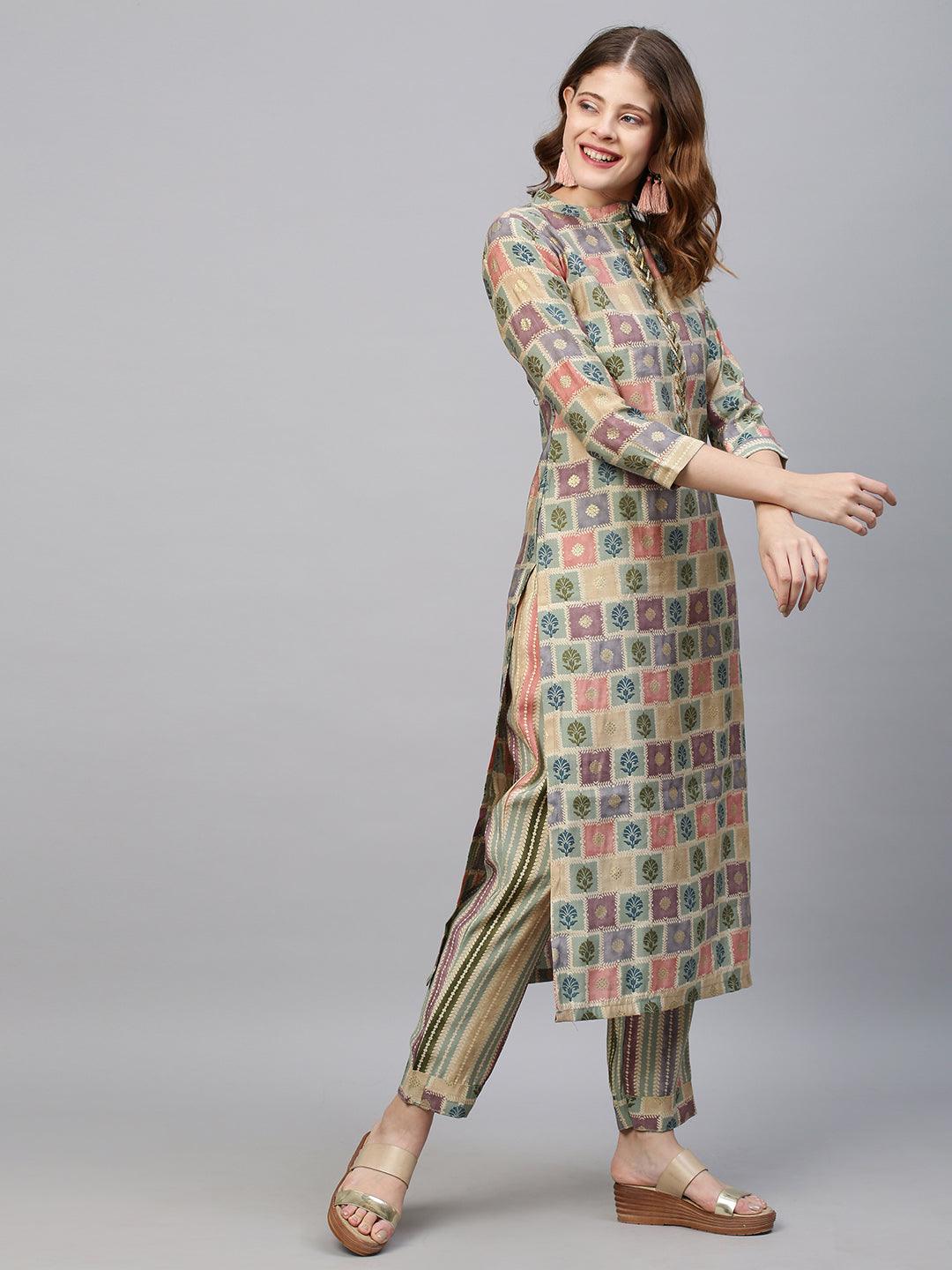 Ethnic Printed Straight Fit Kurta with Pants - Multi - Indiakreations