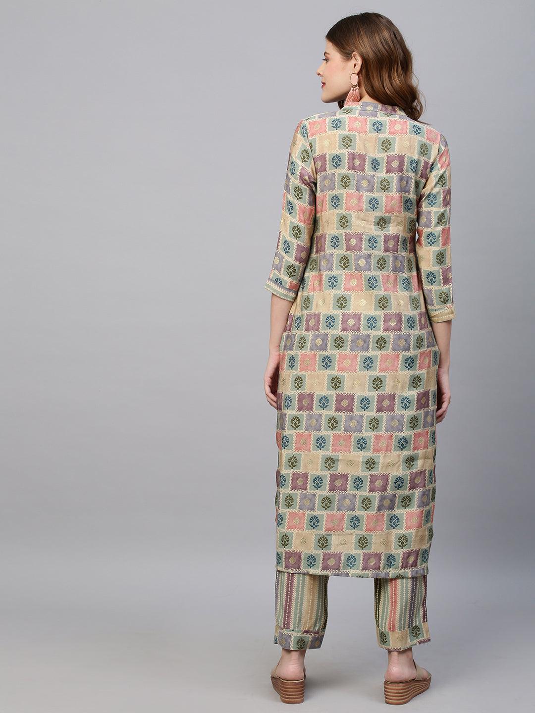 Ethnic Printed Straight Fit Kurta with Pants - Multi - Indiakreations