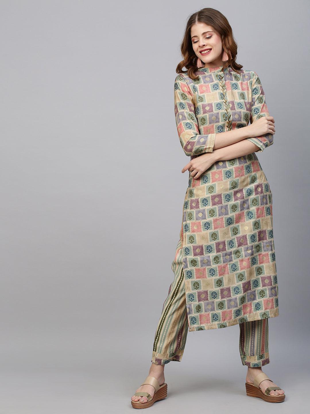 Ethnic Printed Straight Fit Kurta with Pants - Multi - Indiakreations