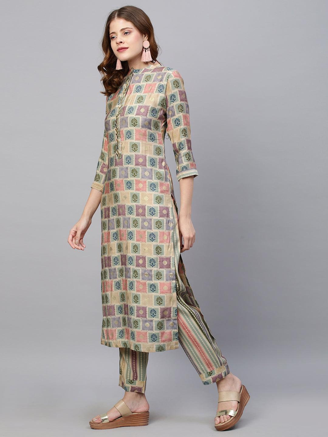 Ethnic Printed Straight Fit Kurta with Pants - Multi - Indiakreations