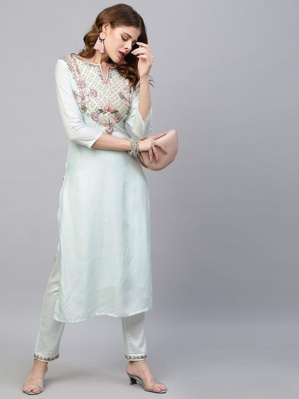 Ethnic Hand Embroidered Straight Kurta with Pants - Light Aqua Blue - Indiakreations