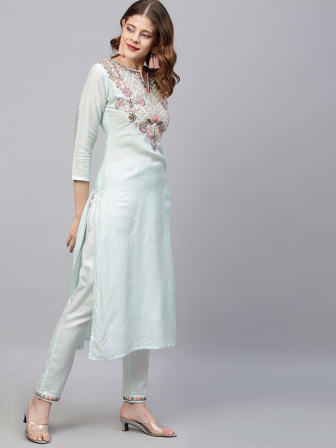 Ethnic Hand Embroidered Straight Kurta with Pants - Light Aqua Blue - Indiakreations