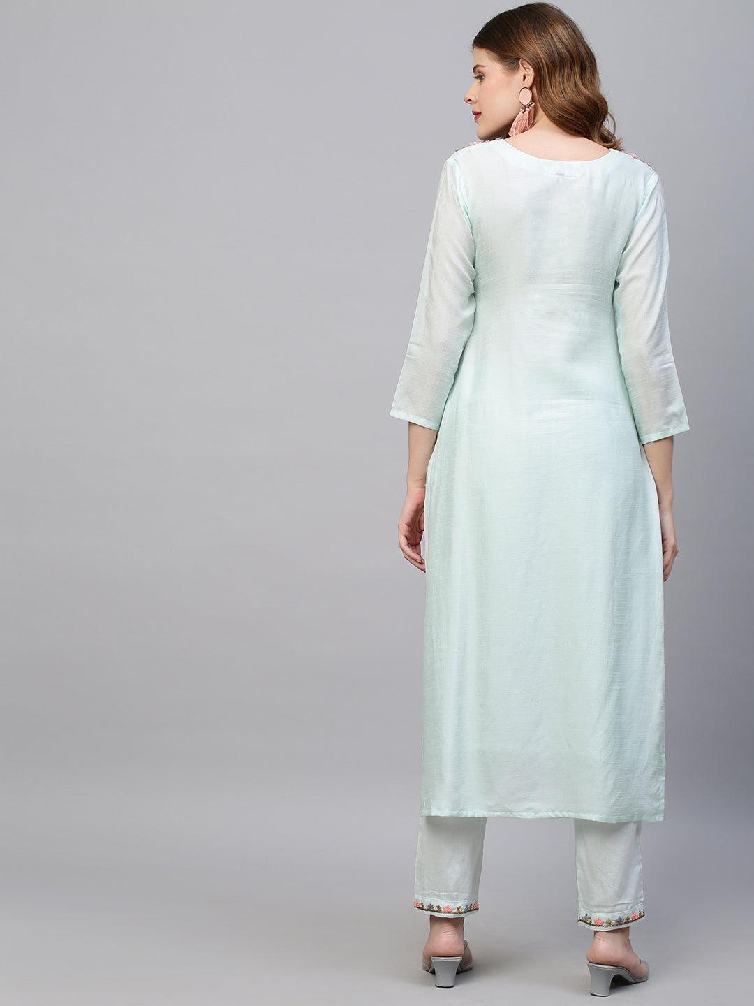 Ethnic Hand Embroidered Straight Kurta with Pants - Light Aqua Blue - Indiakreations