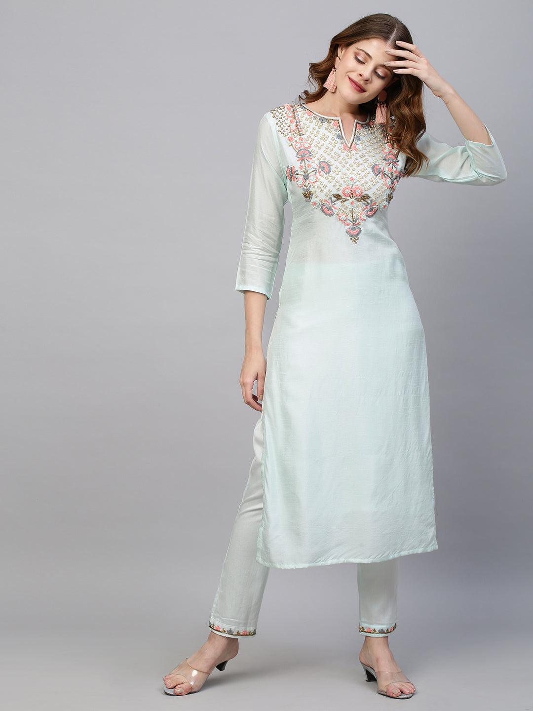 Ethnic Hand Embroidered Straight Kurta with Pants - Light Aqua Blue - Indiakreations